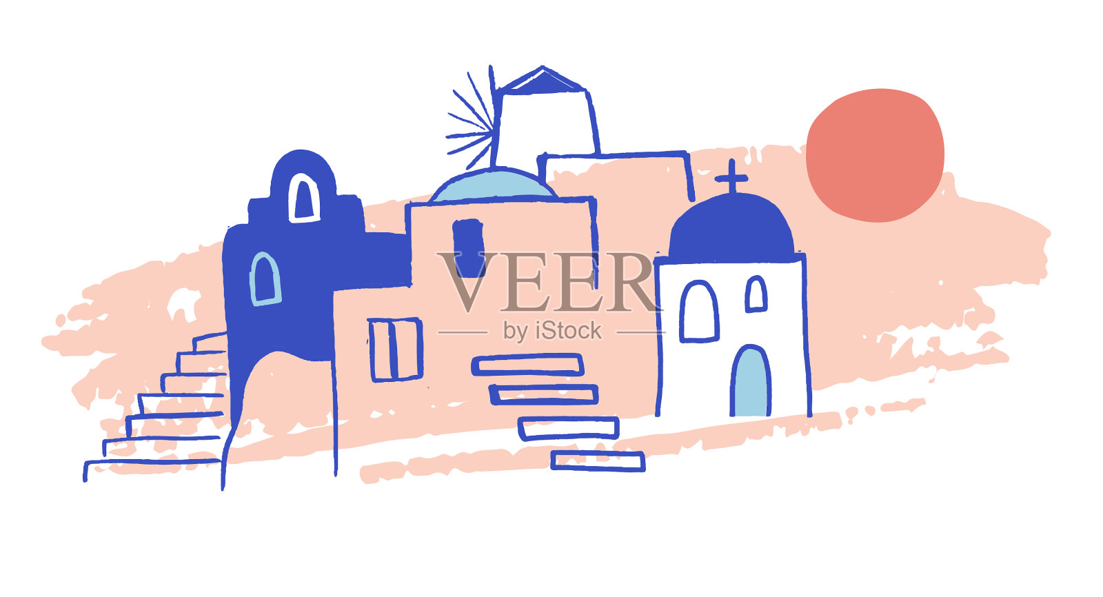 希腊手绘圣托里尼古城设计元素图片