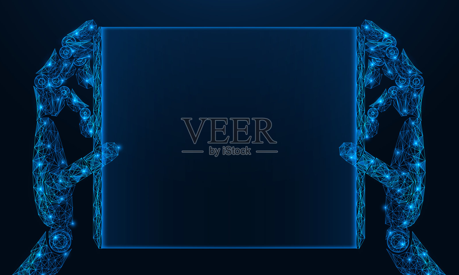 机械机器人手中的电子框架。插画图片素材