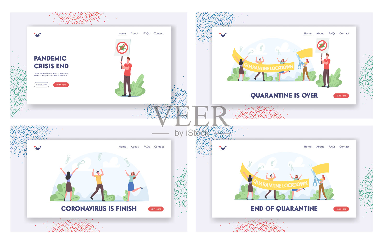 隔离已通过着陆页模板设置。Covid - 19封锁结束，冠状病毒大流行结束快乐的人们扔口罩插画图片素材