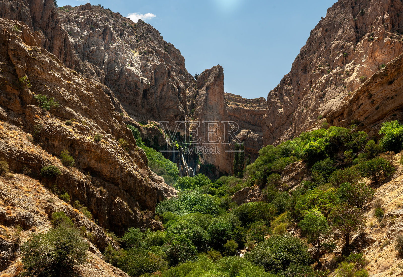 伊朗马尔贡瀑布：群山环绕的壮丽瀑布景观，位于设拉子省塞皮丹照片摄影图片