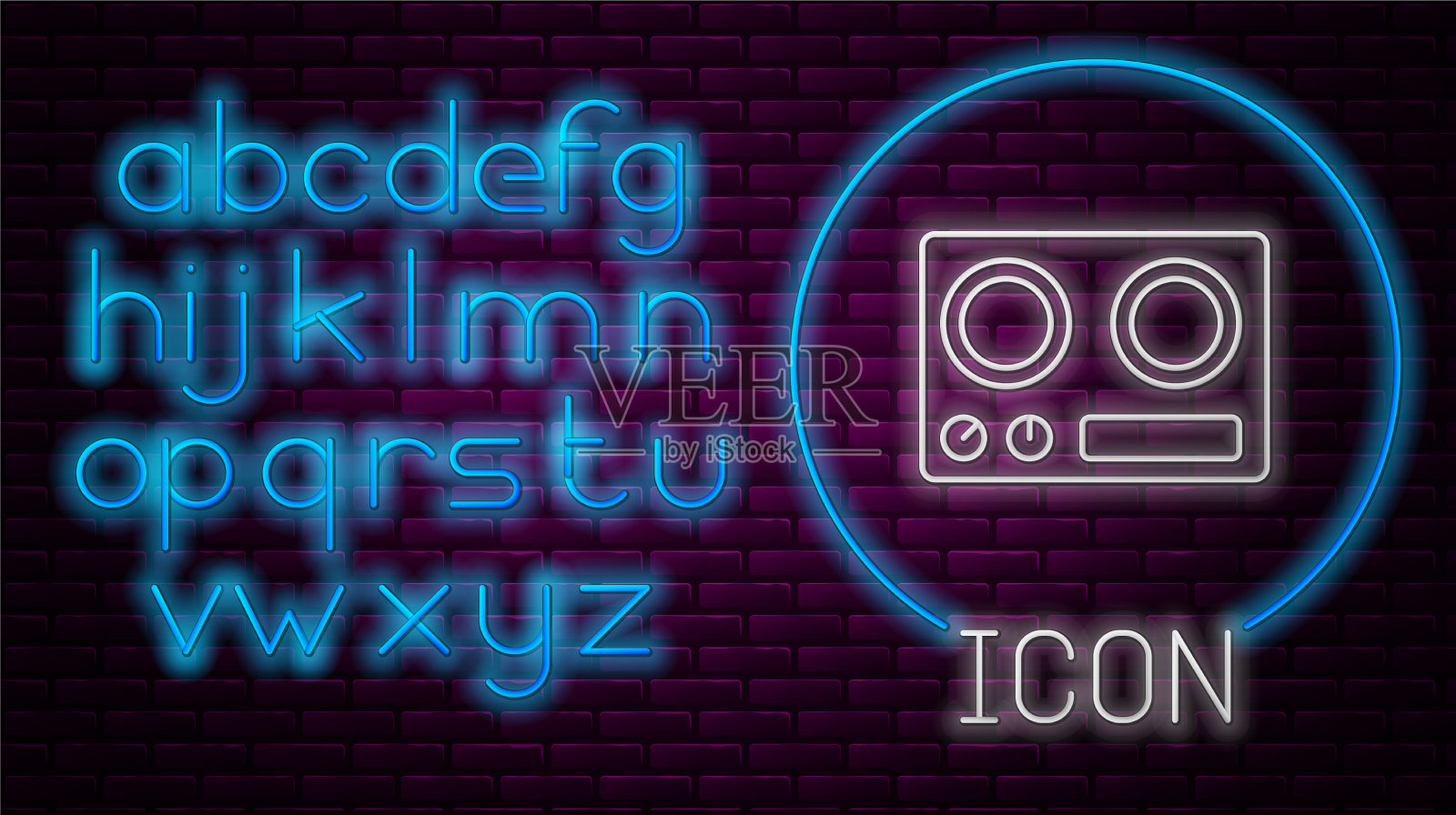 发光的霓虹灯线煤气炉图标孤立在砖插画图片素材