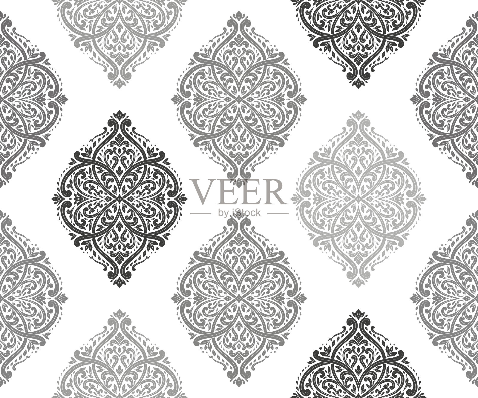 黑色和白色锦缎矢量无缝模式。复古,佩斯利元素。传统的土耳其的图案。非常适合织物和纺织品，墙纸，包装或任何想要的想法。插画图片素材