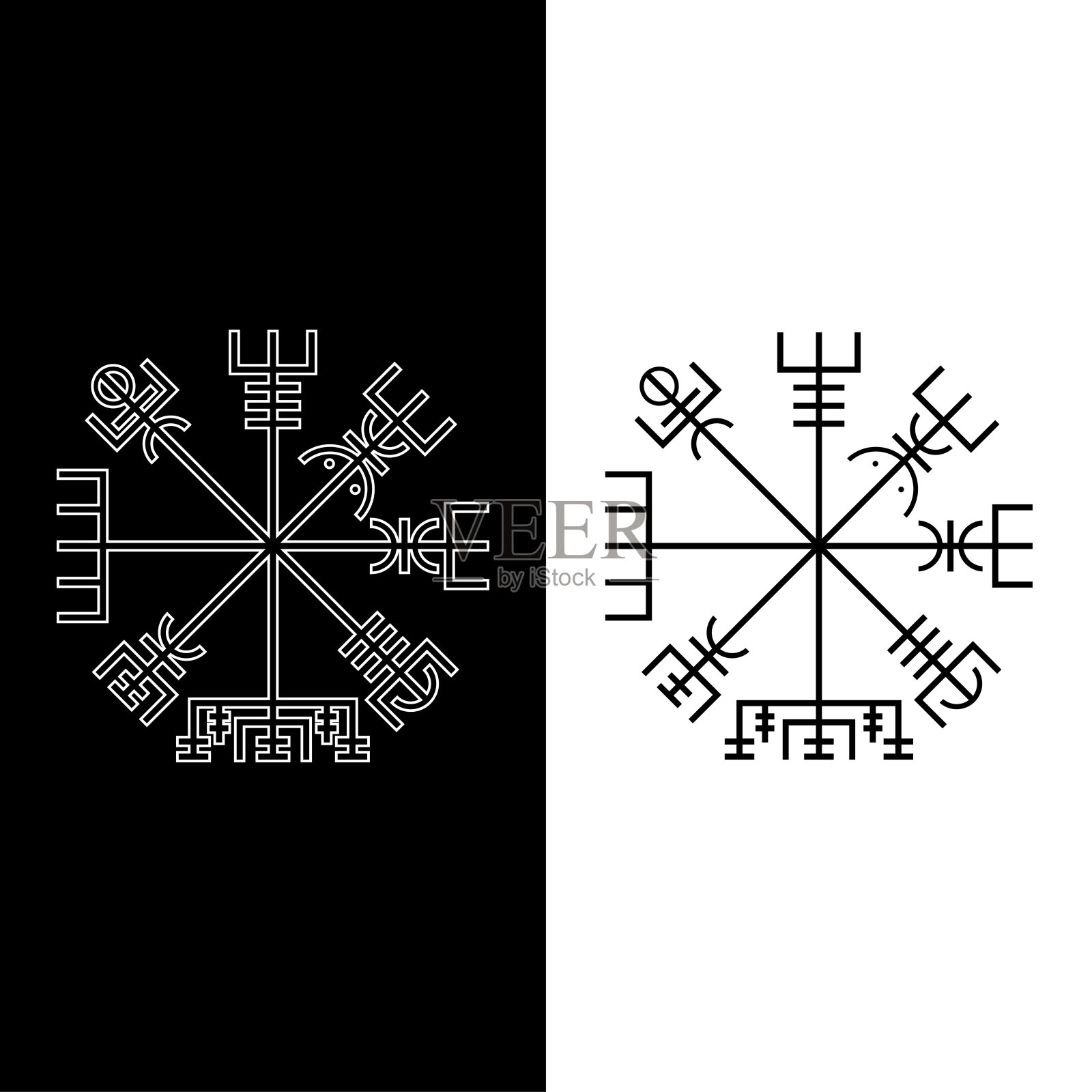 维维西尔符号，符文指南针。冰岛的神奇的法杖。北欧海盗指南针。孤立的图标在黑色与白色的轮廓。深奥的,巫术。在白色和黑色背景上的矢量插图插画图片素材