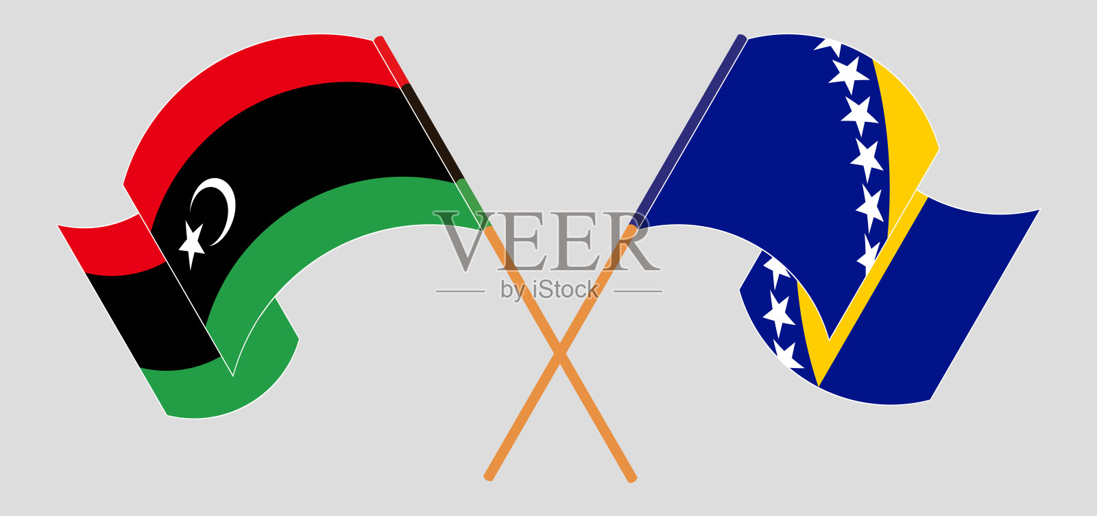 交叉并挥舞着利比亚和波斯尼亚-黑塞哥维那的国旗插画图片素材