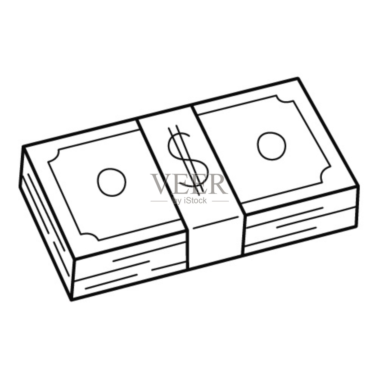 一叠纸钞一捆美钞。象征着金钱积累，财富，贿赂。线性图标。手绘的黑白矢量插图。孤立在白色背景上。插画图片素材