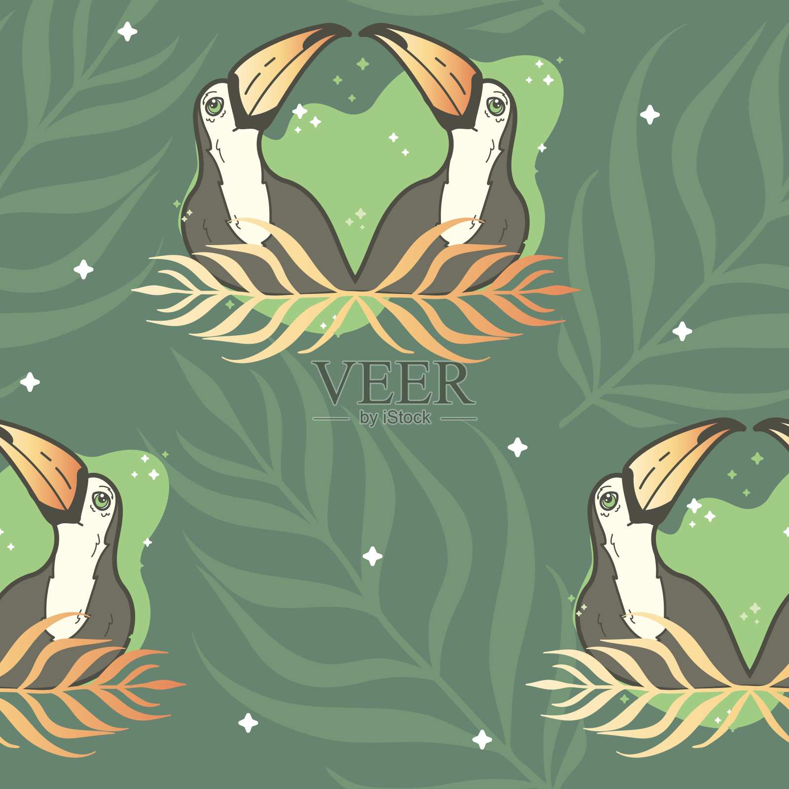 矢量巨嘴鸟与有机形状在丛林绿色无缝模式背景。完美的织物，墙纸和剪贴簿项目。插画图片素材