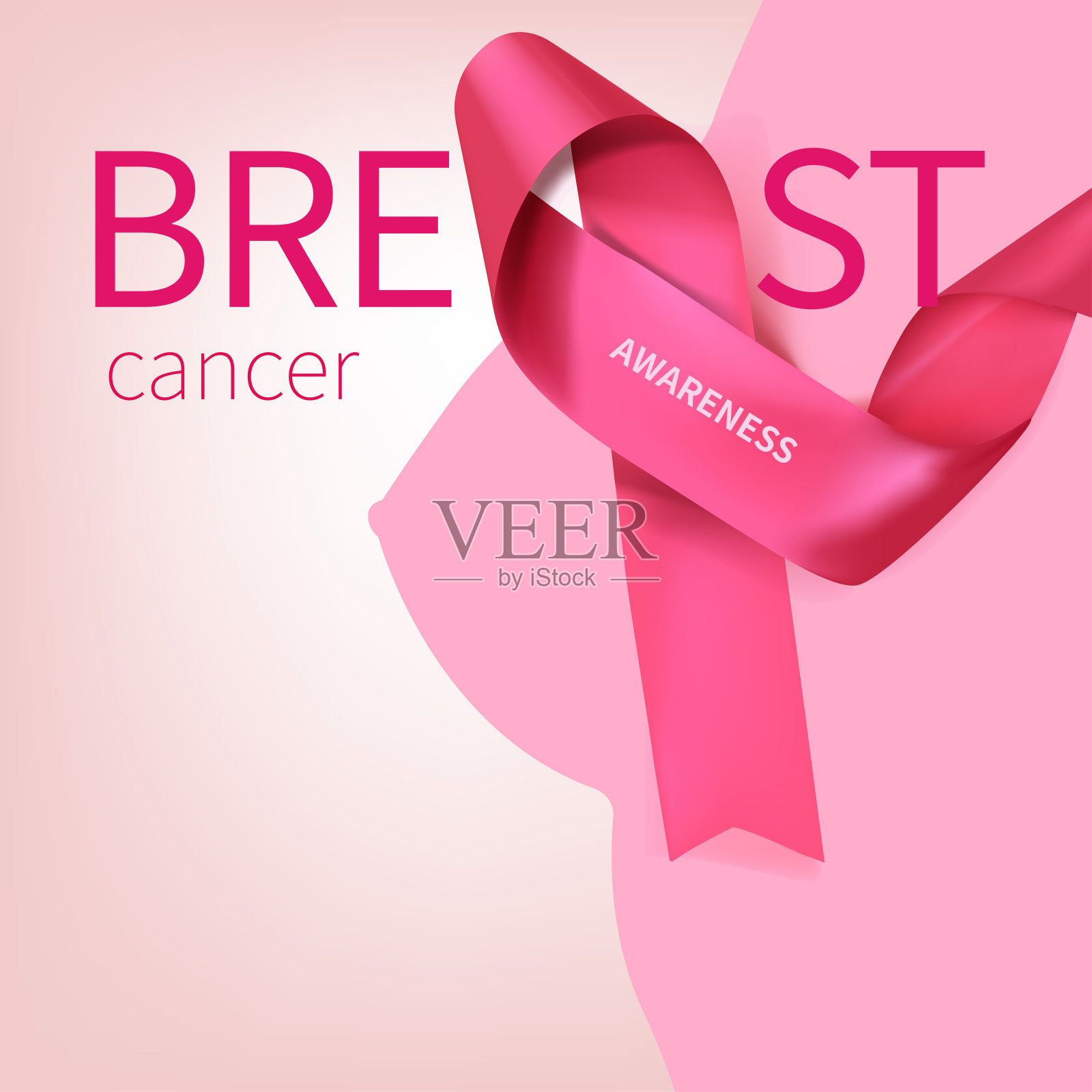 乳腺癌宣传月海报背景概念设计。现实的粉红色蝴蝶结丝带矢量插图模板插画图片素材