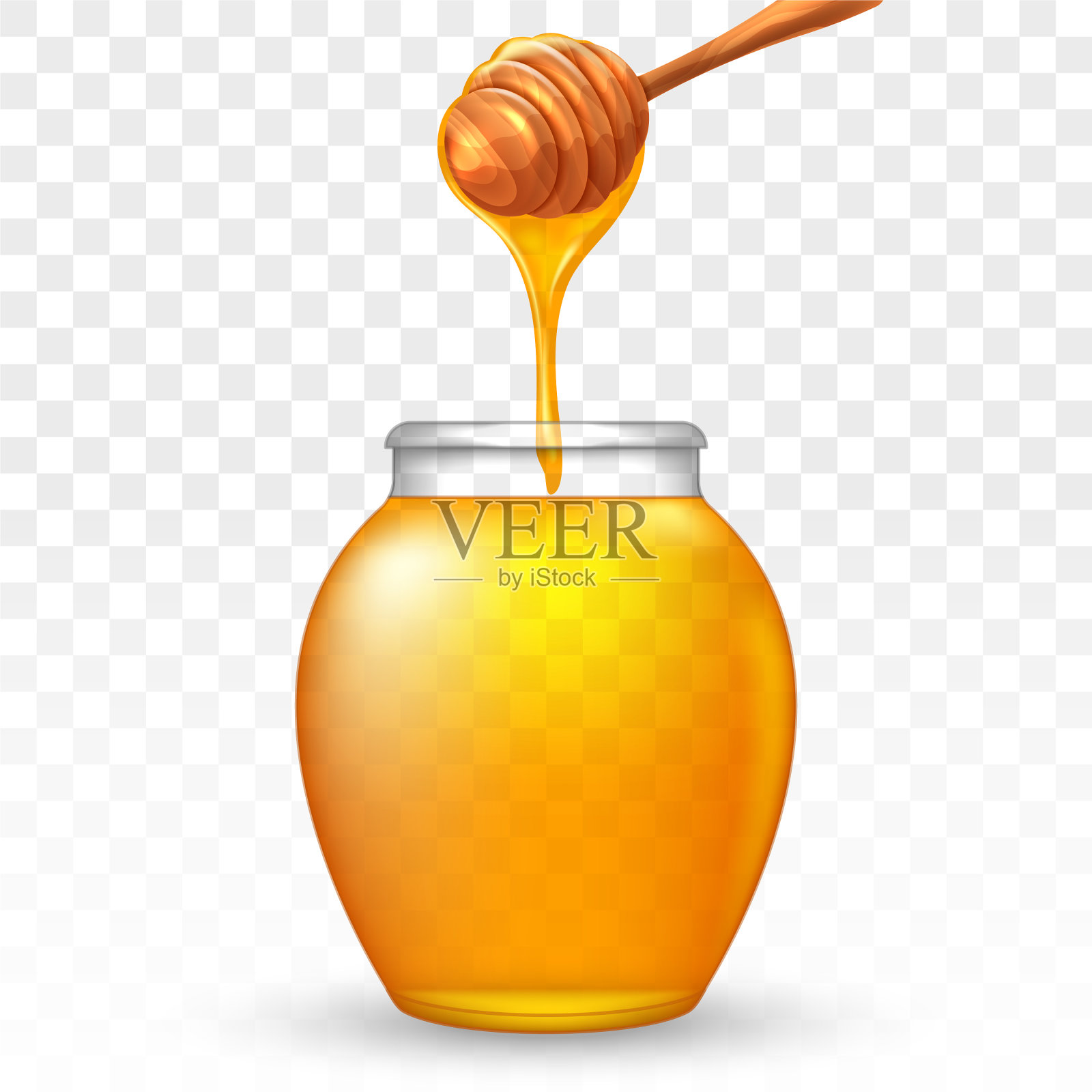 玻璃罐蜂蜜和木制蜂蜜勺插画图片素材
