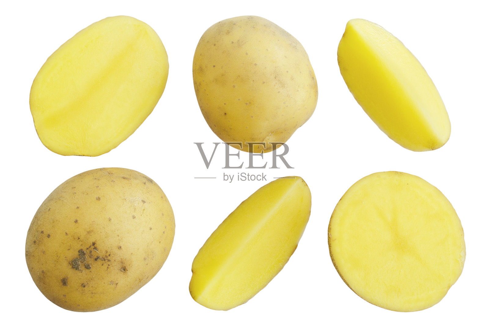 年轻的土豆孤立在白色背景，俯视图。平的。土豆，整体和切片，孤立在白色背景上。新鲜的马铃薯苗被隔离在白色上。一套土豆，完整的和切片的。照片摄影图片