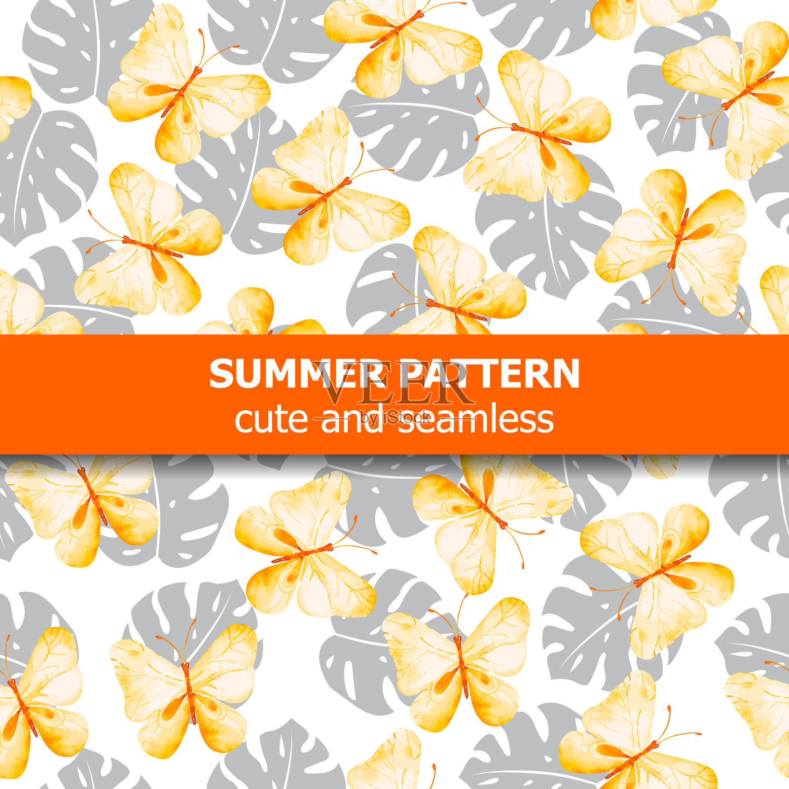 水彩图案与蝴蝶和异国情调插画图片素材