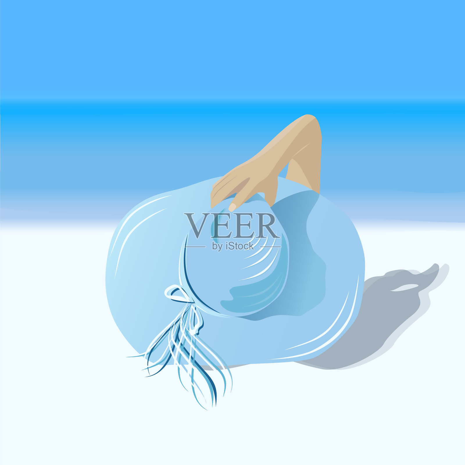 女孩在阳光明媚的沙滩上戴着夏天的帽子插画图片素材