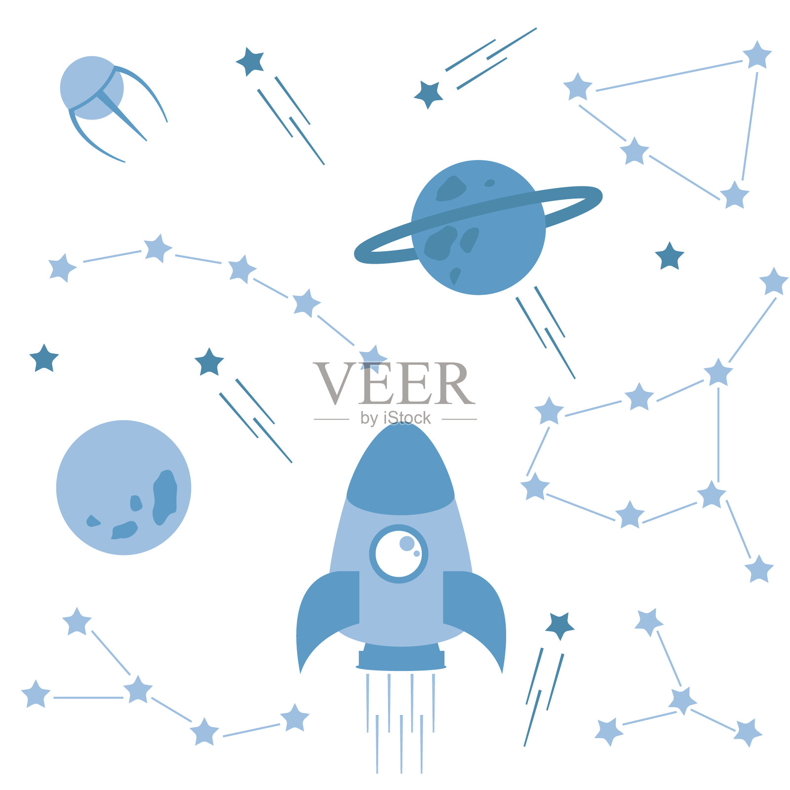 与空间相关的元素集合。火箭和卫星，星座和恒星，行星插画图片素材