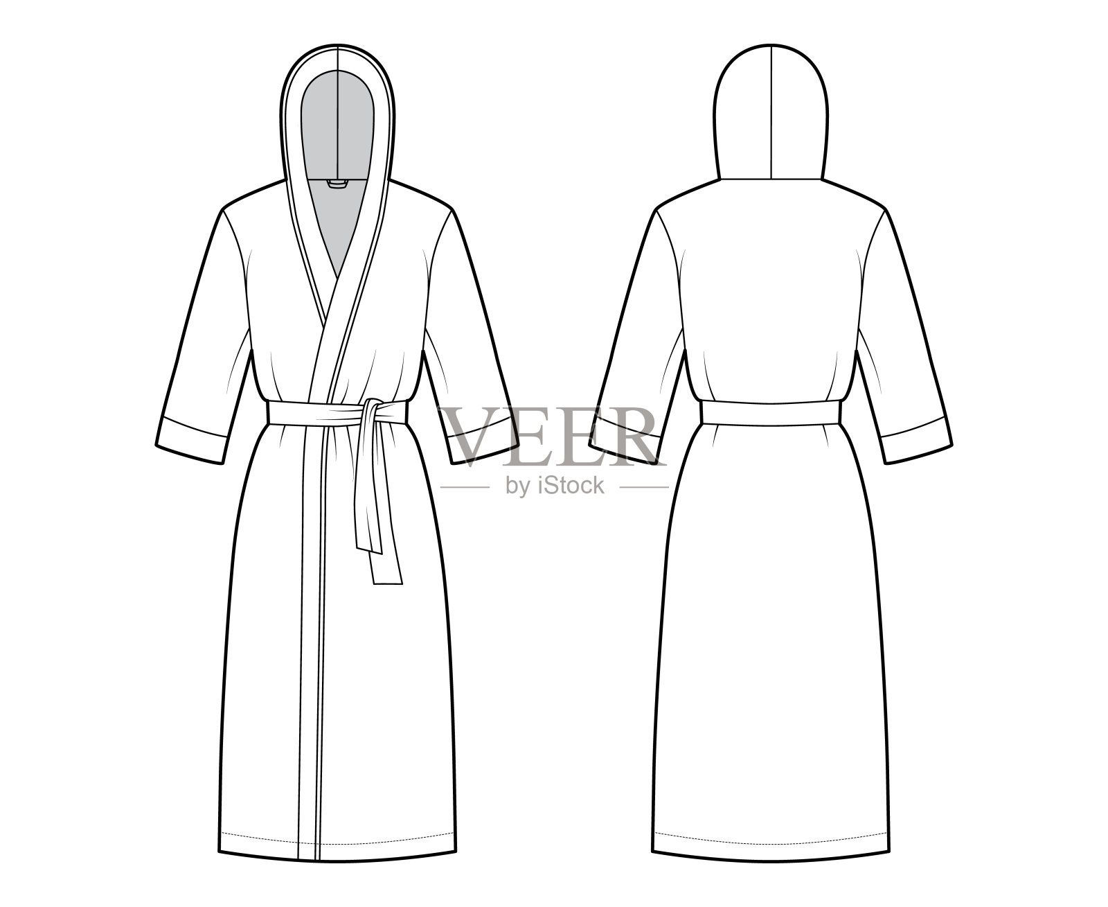 浴袍连帽睡袍技术时尚插图，包开，膝盖长度，领带，口袋，肘袖插画图片素材