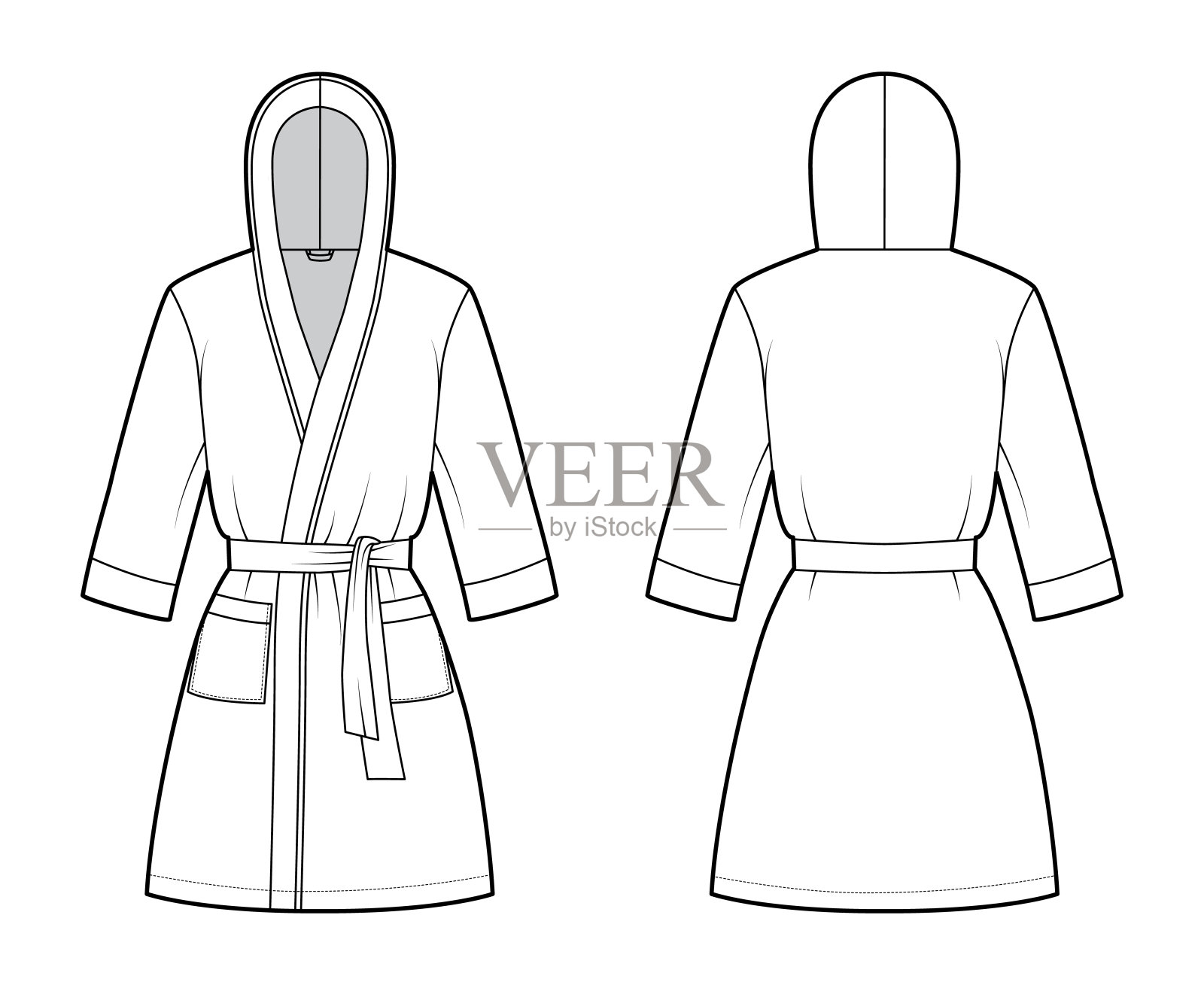 浴袍连帽睡袍技术时尚插图，包开口，超长，领带，口袋，肘袖插画图片素材