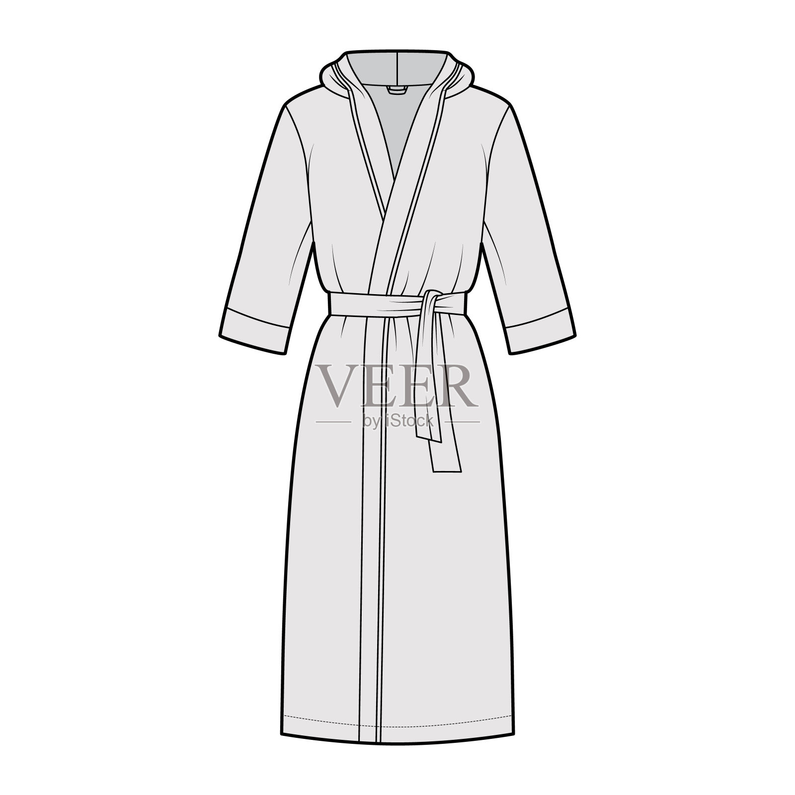 浴袍连帽睡袍技术时尚插图，包开，膝盖长度，领带，口袋，肘袖设计元素图片