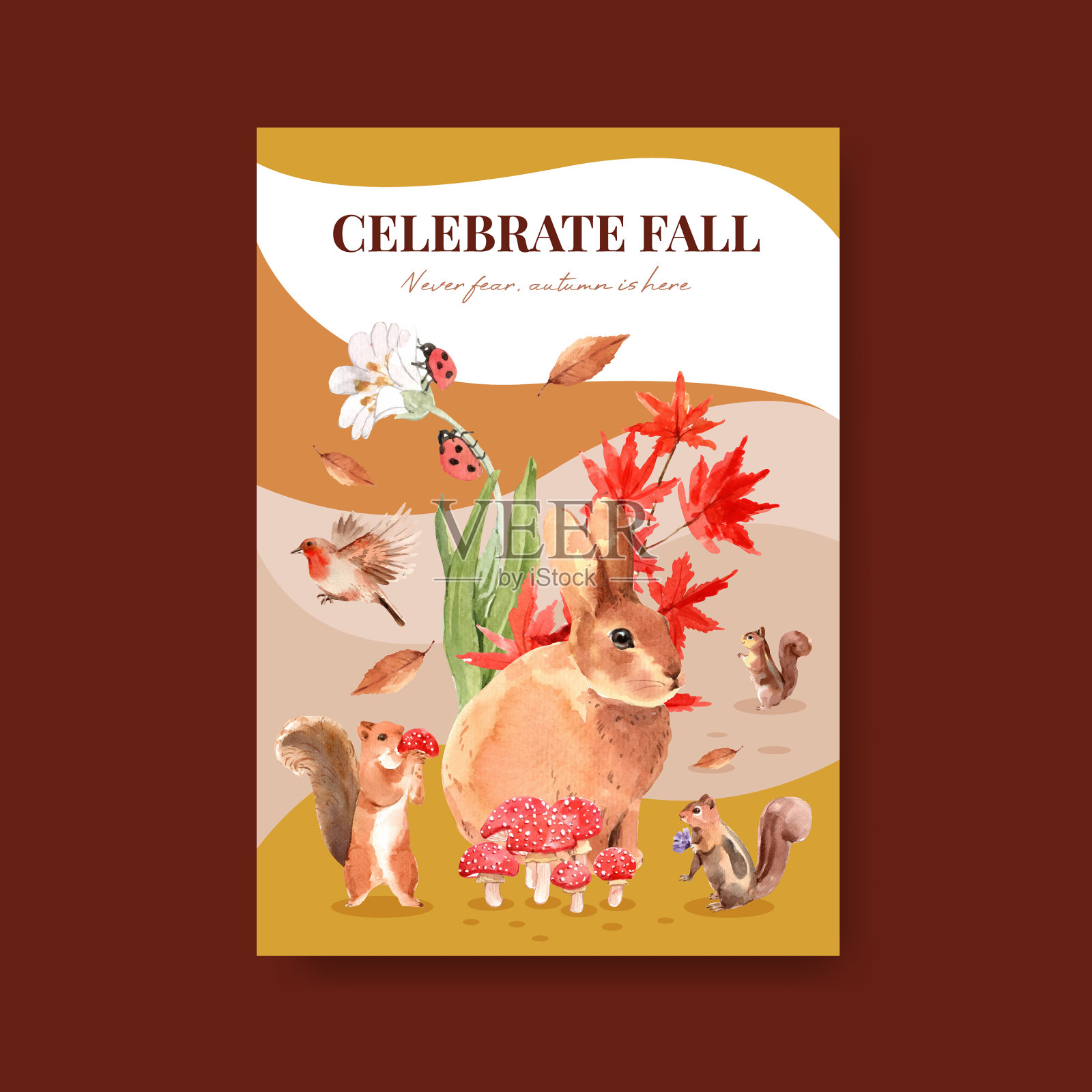 海报模板与秋天的森林和动物设计模板素材