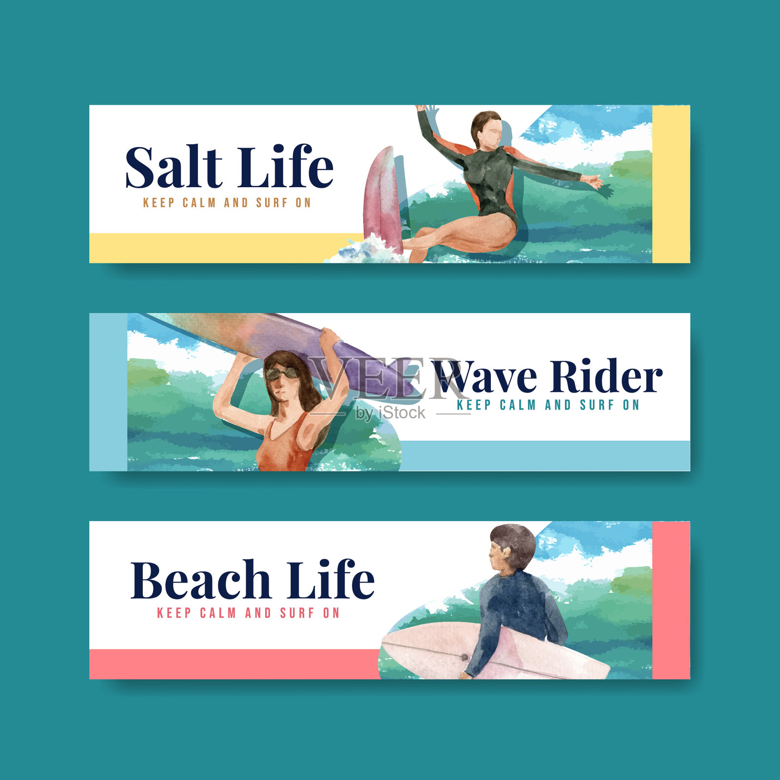 横幅模板与冲浪板在海滩设计设计模板素材