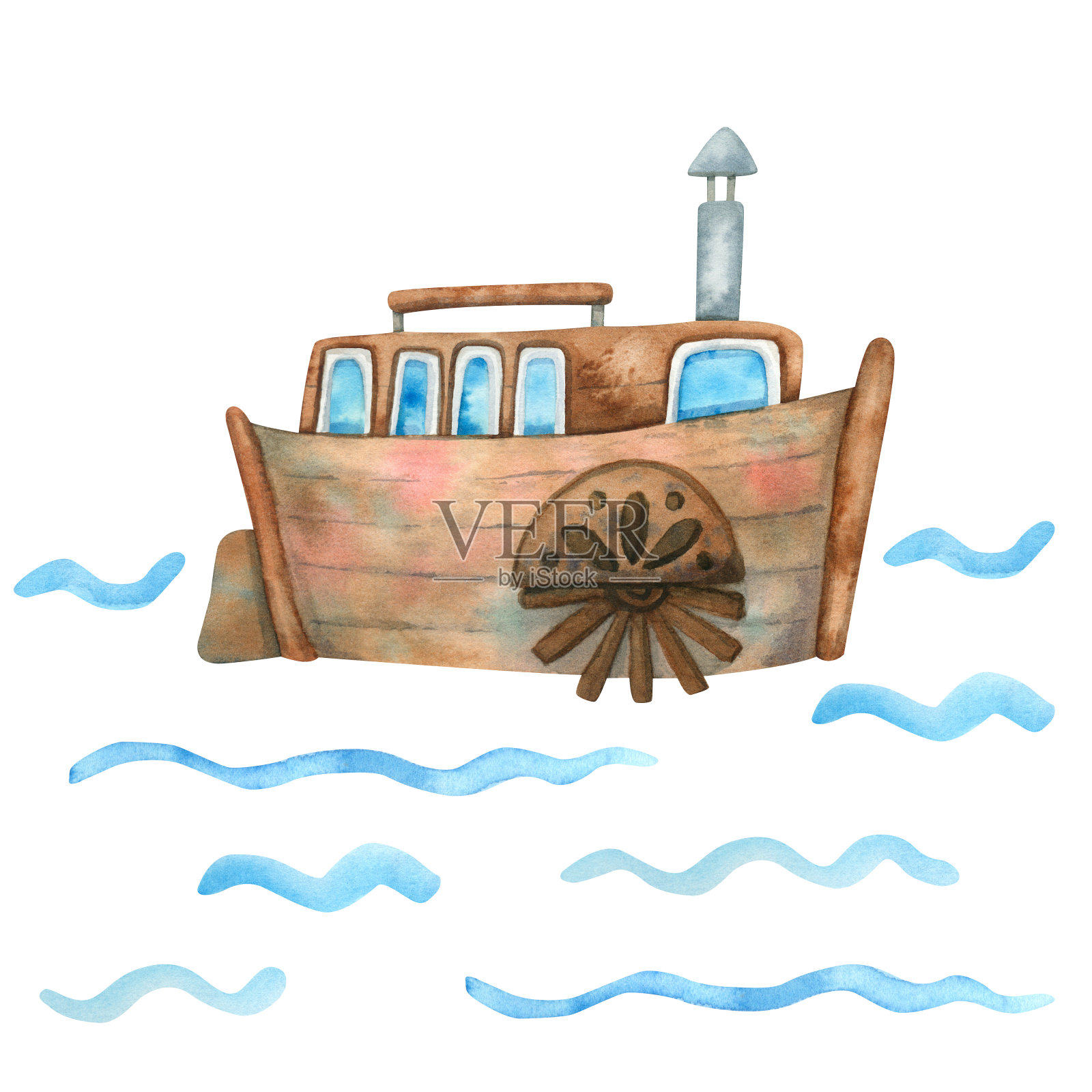 小船桨和波浪海报手绘水彩插图插画图片素材