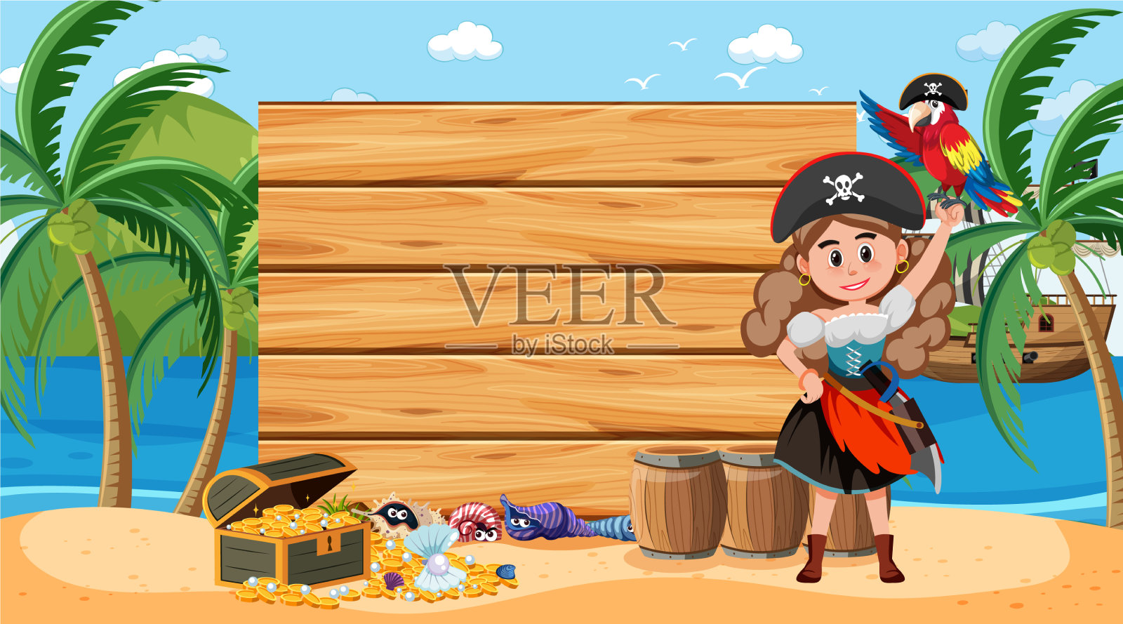 空木横幅模板与海盗女人在插画图片素材