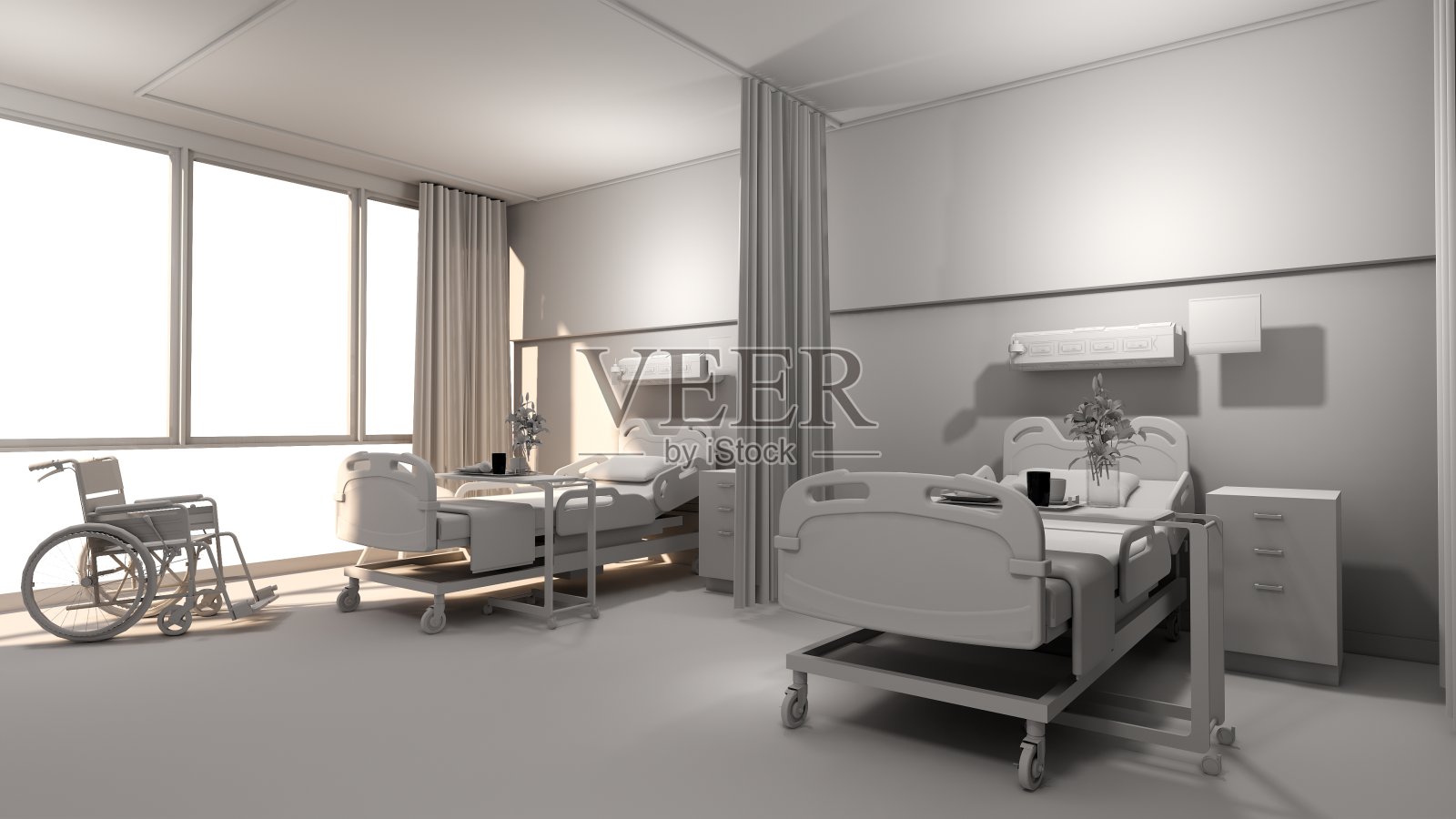 有床的病房。空床和轮椅护理诊所或医院。3d渲染房间和舒适。现代医院，保健理念。照片摄影图片