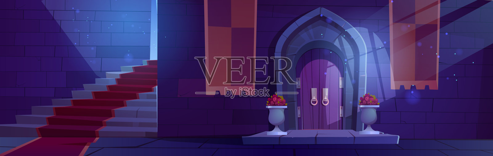 中世纪夜堡内部木质拱形门插画图片素材