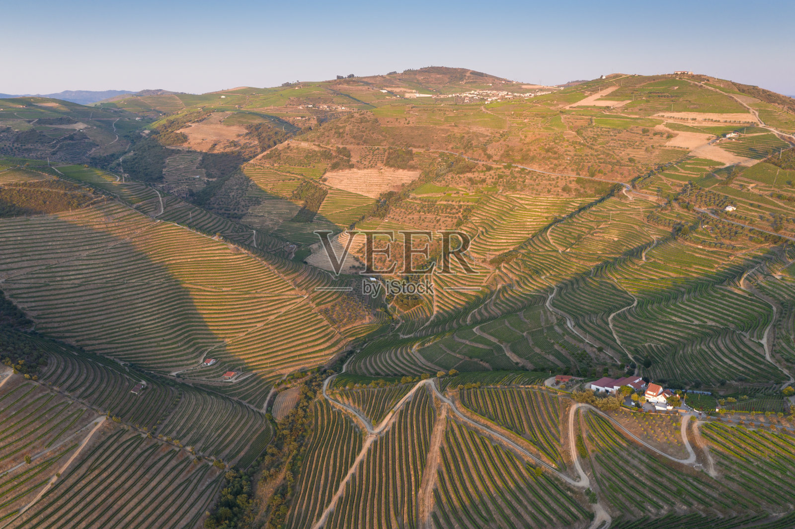鸟瞰图，梯田葡萄园在浪漫的日落杜罗山谷附近的品豪村。在葡萄牙旅游的概念和葡萄牙最美丽的地方葡萄酒港葡萄酒农场Unesco照片摄影图片