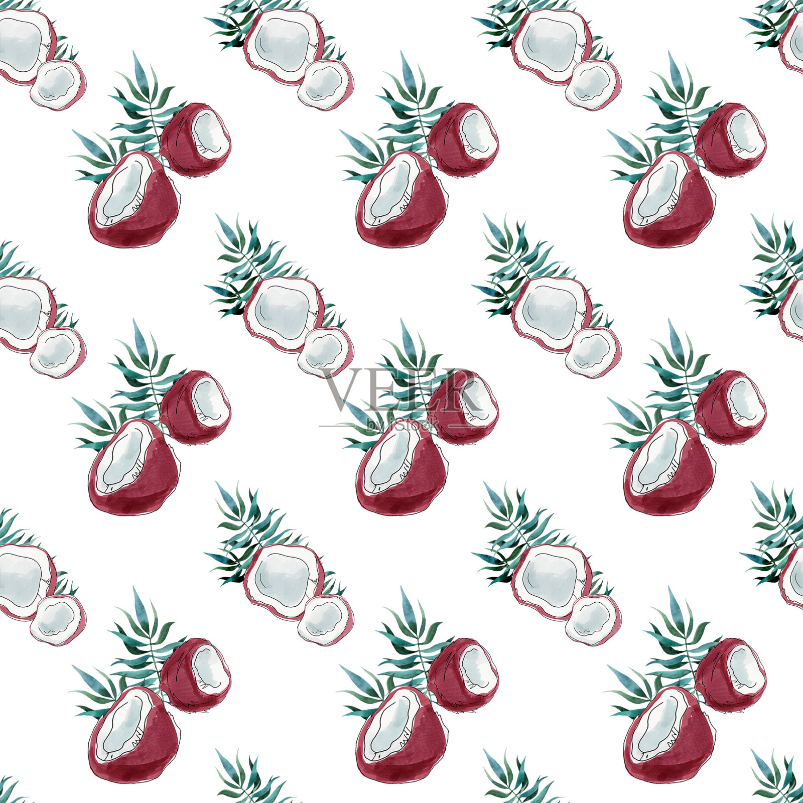 无缝图案与椰子和棕榈叶。半椰子。插画图片素材