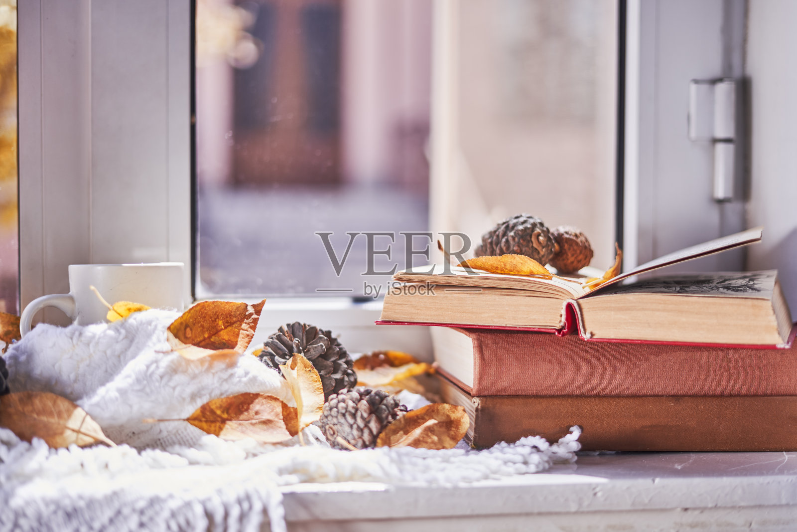 明亮的秋天背景与书籍和咖啡杯照片摄影图片