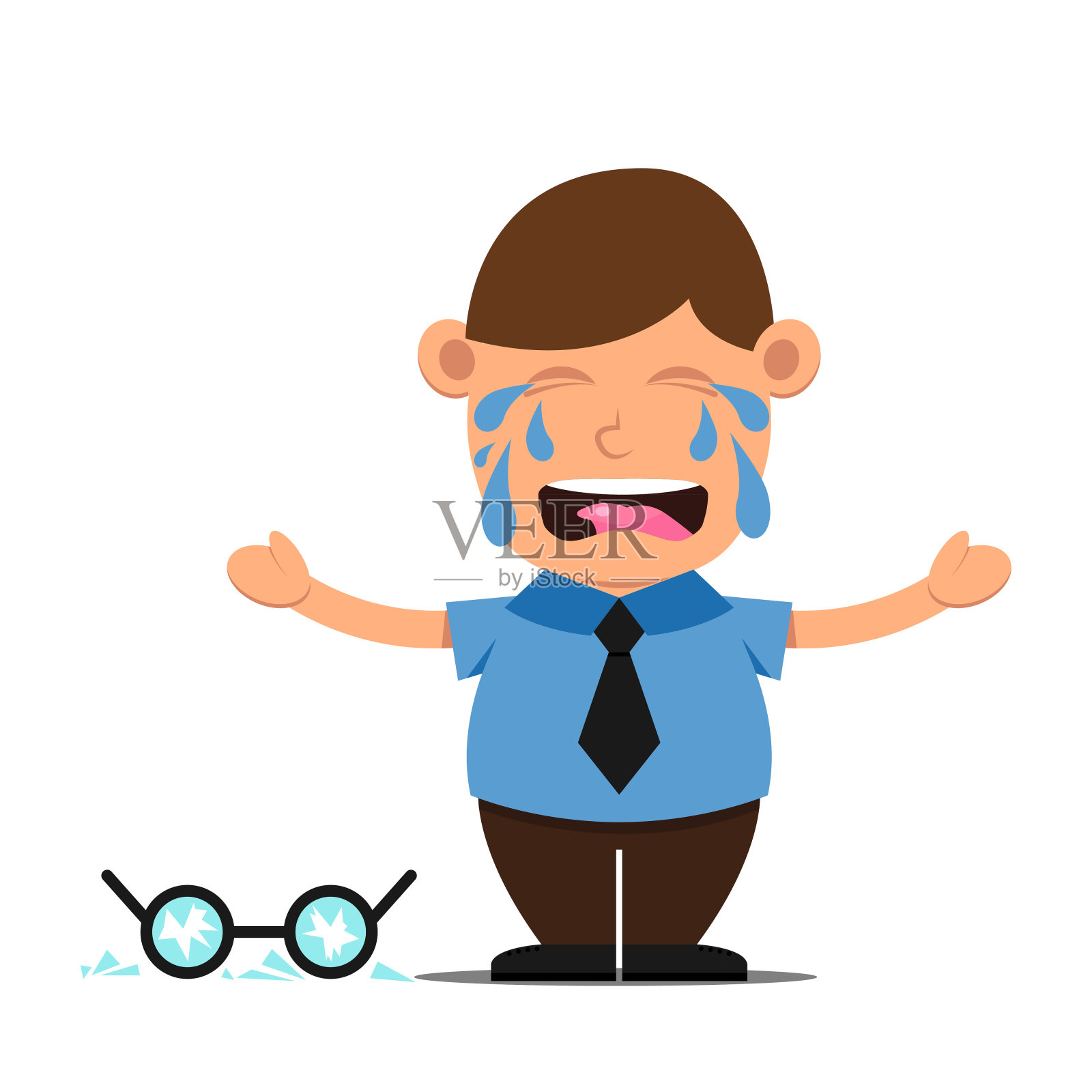 可爱的戴眼镜的卡通小男孩。学生孩子的性格孤立在白色的背景。哭的孩子因为打碎了玻璃而流泪。矢量图插画图片素材