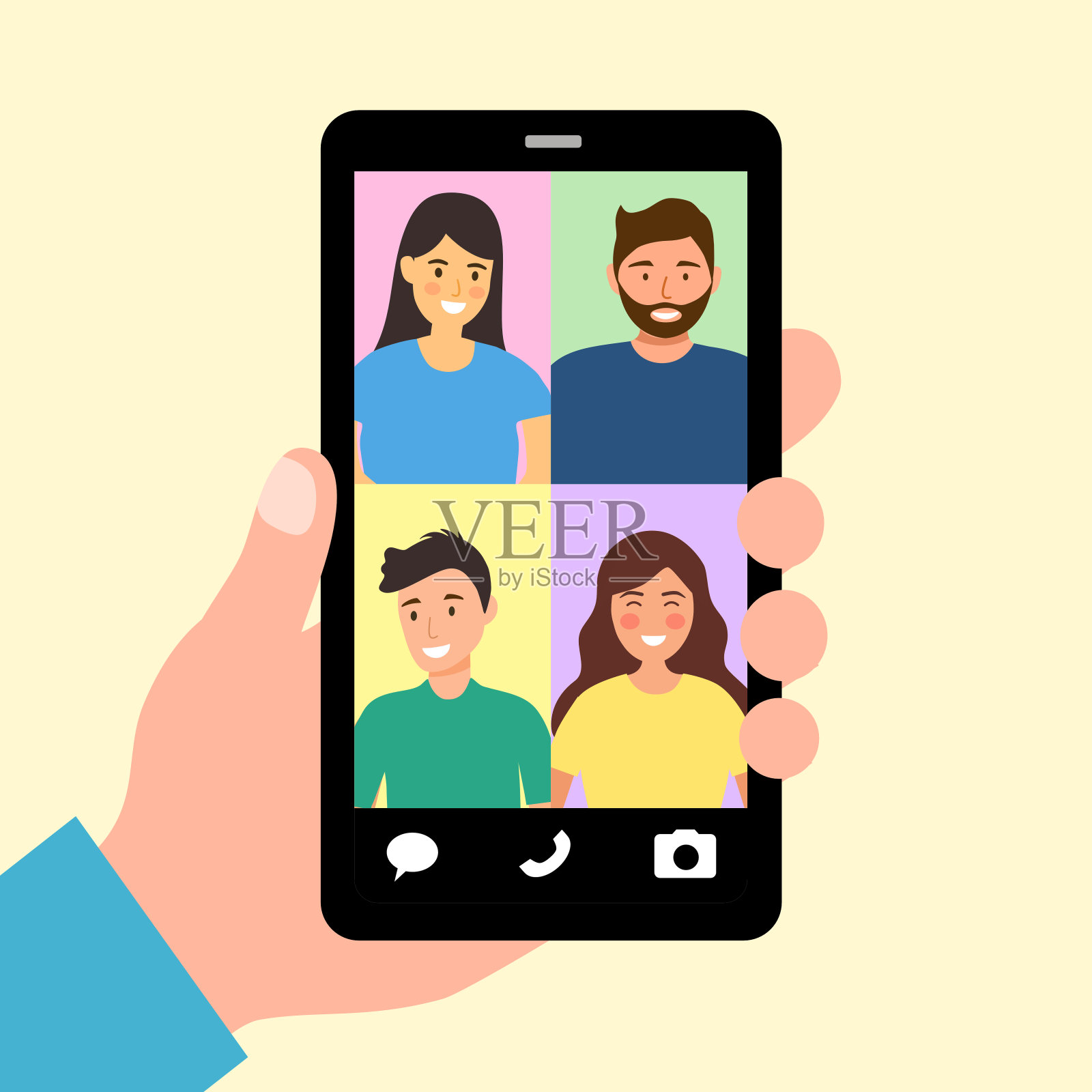 手持智能手机，通过手机应用与同事或朋友视频通话。视频会议。插画图片素材