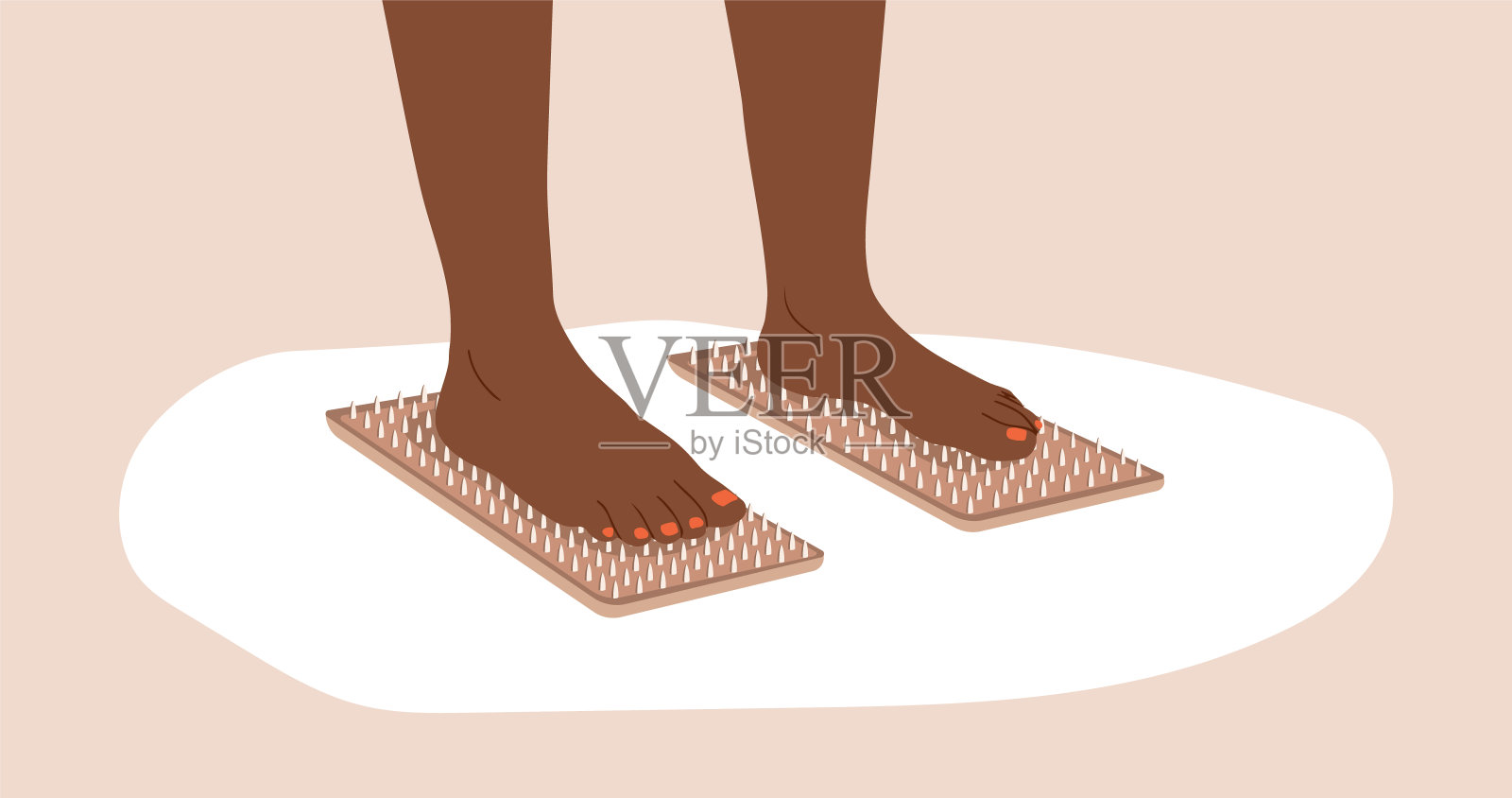 苦行僧。非洲女性的脚踩在钉子上。替代医学。瑜伽练习用的木板。冥想和放松。矢量插图在平面卡通风格插画图片素材