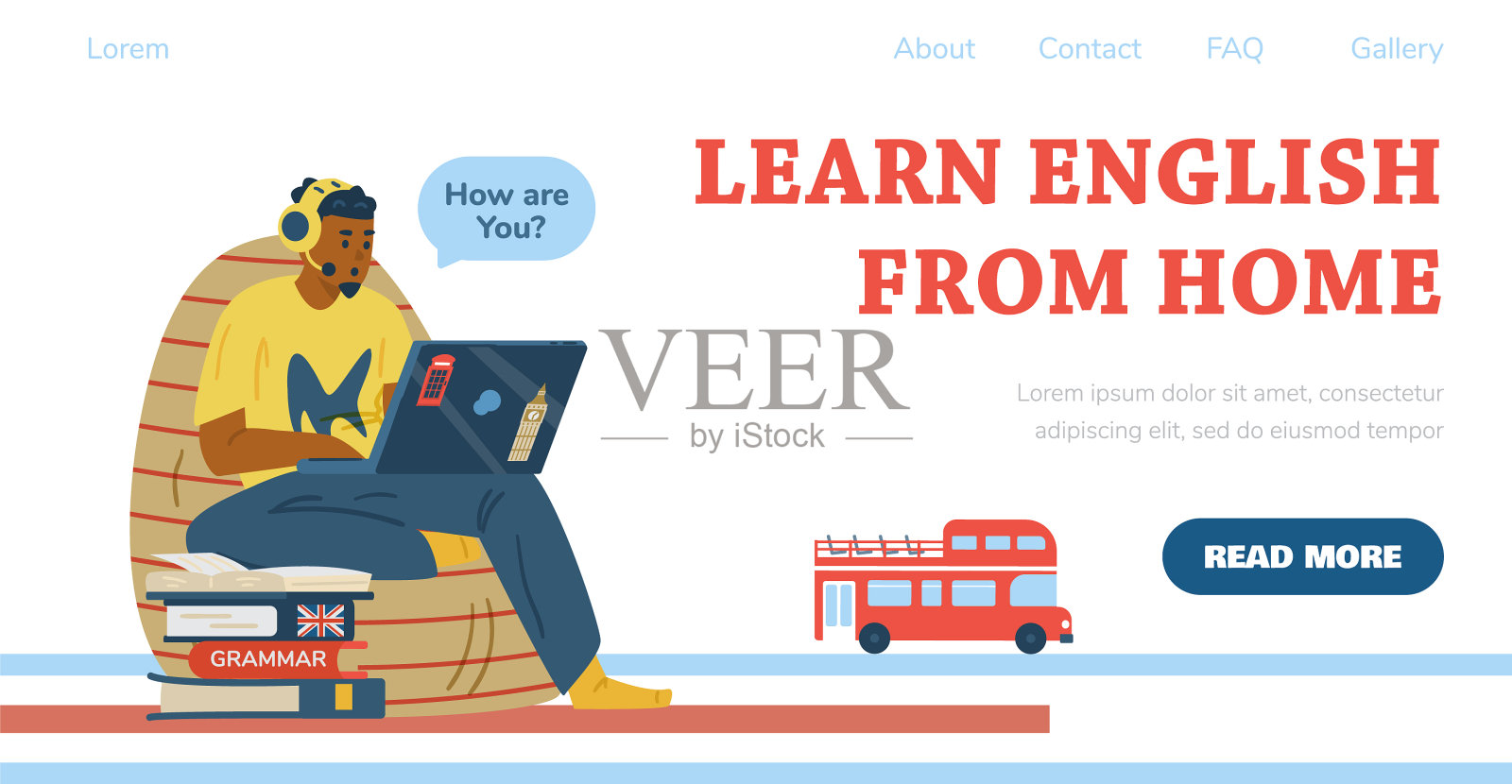 在家学习英语网横幅与学习插画图片素材