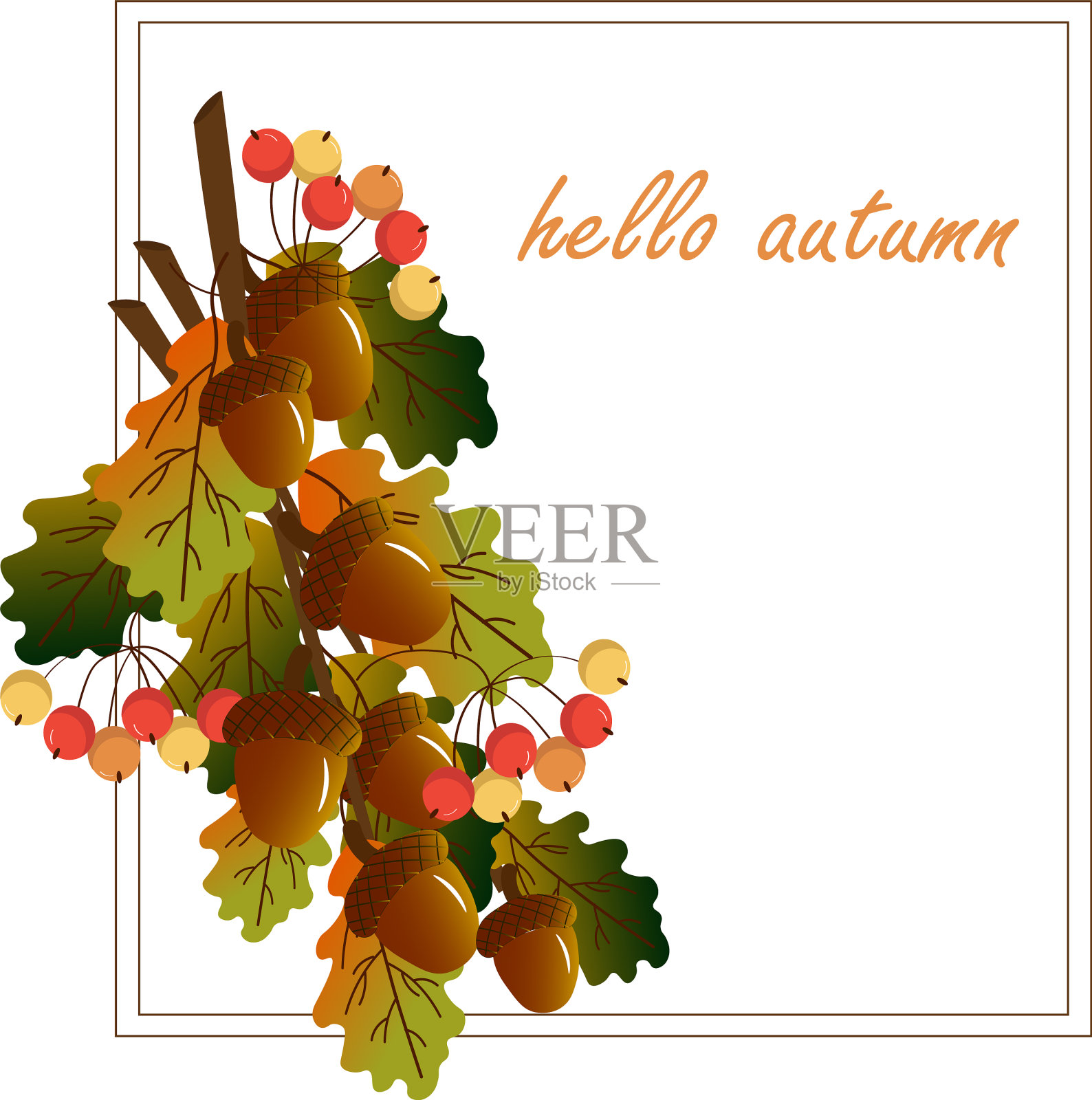 卡片上有一束橡子、秋叶和花束插画图片素材