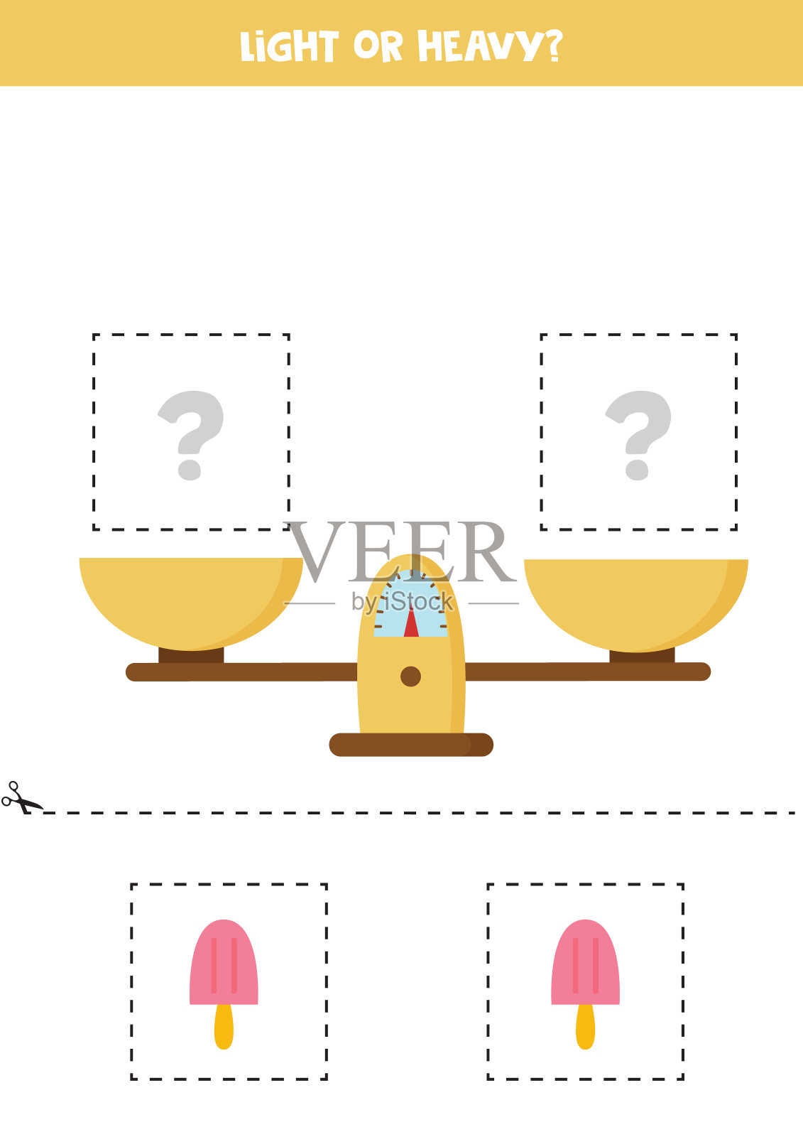 轻的、重的或相等的。把下面的图片剪下来，粘到右边的盒子上。插画图片素材