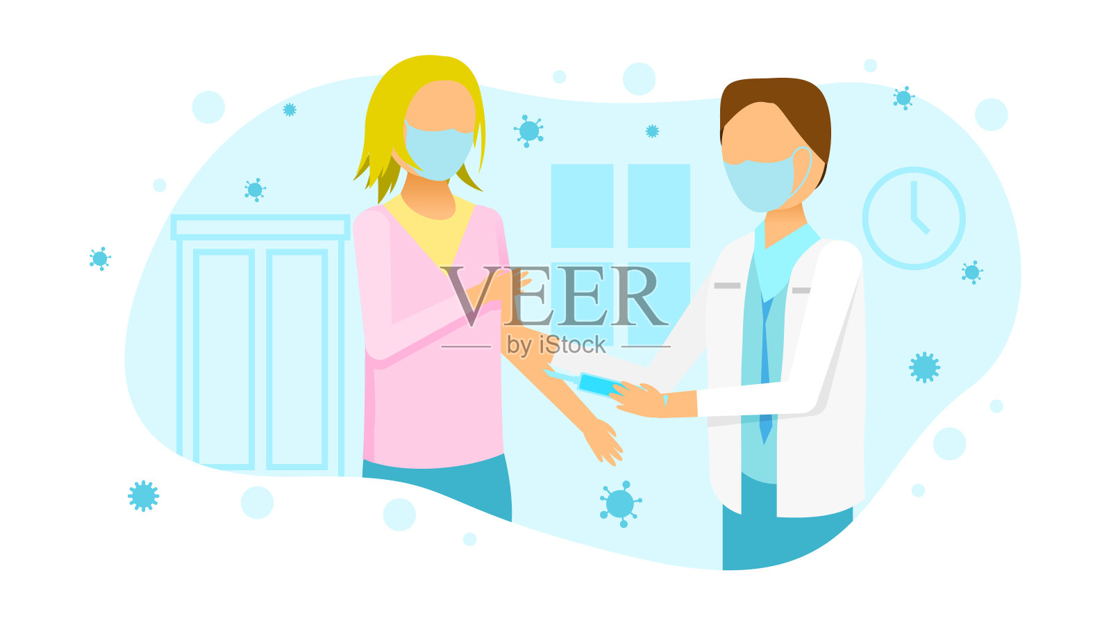 扁平的女医生给病人接种，她们都戴着口罩卡通人物角色概念插图矢量设计风格冠状病毒COVID-19大规模疫苗接种卫生保健流行病插画图片素材