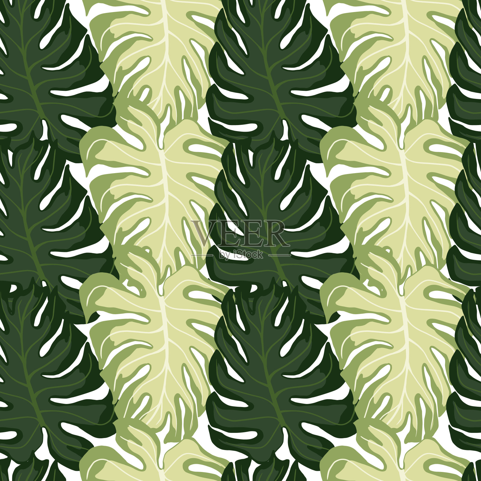 无缝模式在绿色色调与涂鸦怪物形状打印。自然背景。插画图片素材