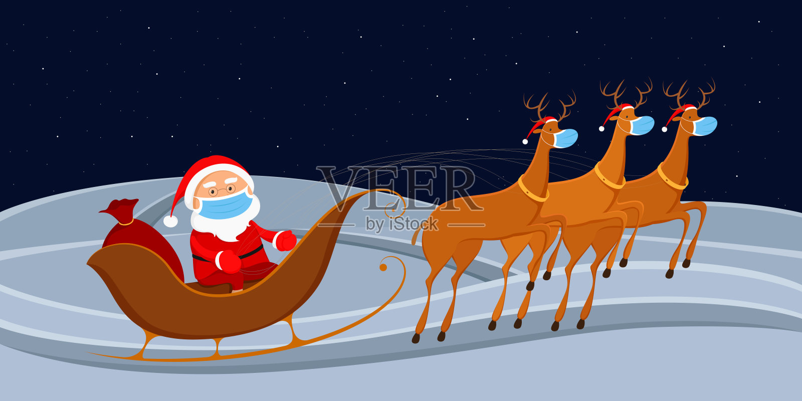 戴着医用口罩的圣诞老人坐在驯鹿雪橇上。矢量图插画图片素材