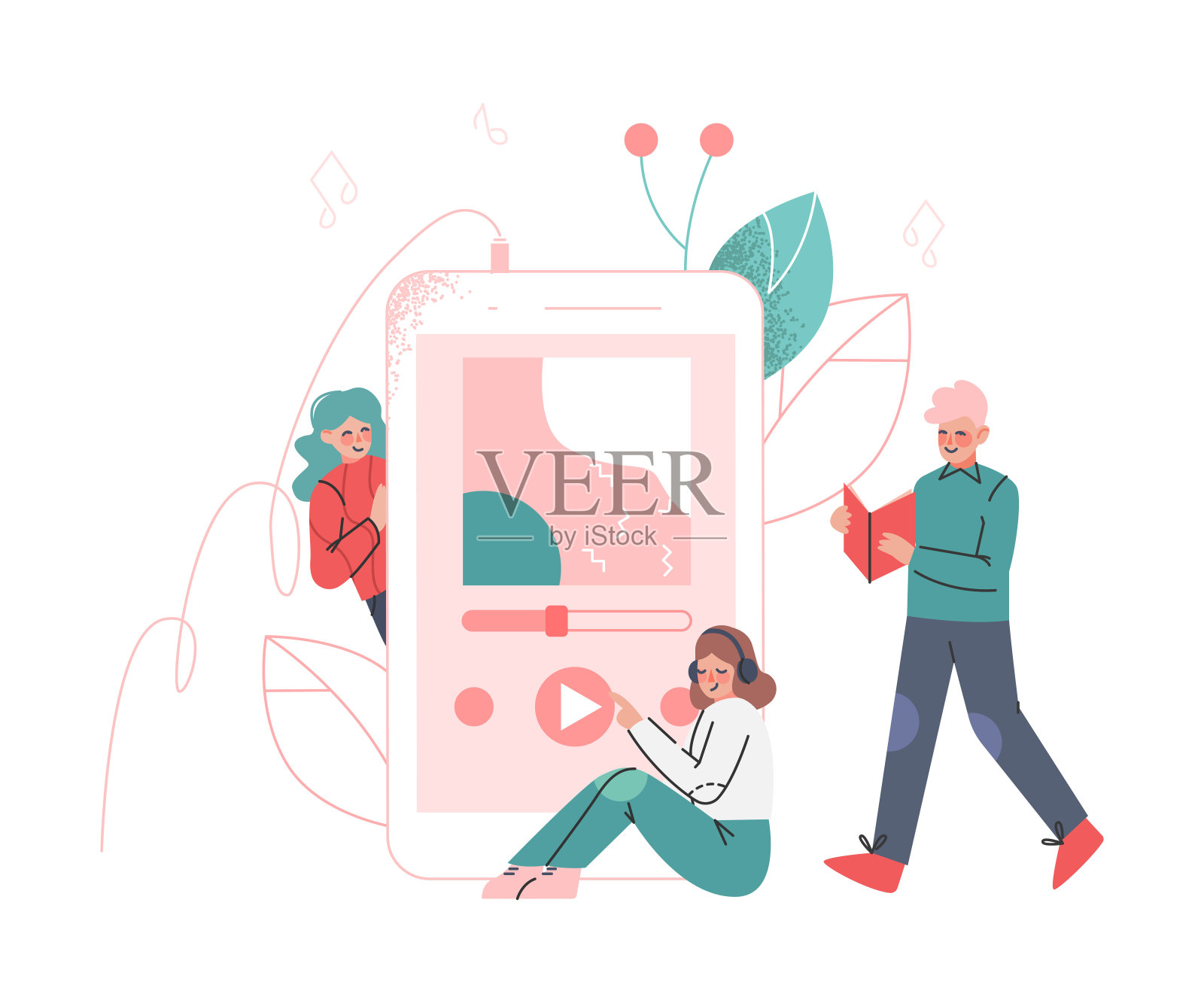 播客或口语章节的意听与男人和女人的角色附近巨大的播放设备矢量插图插画图片素材