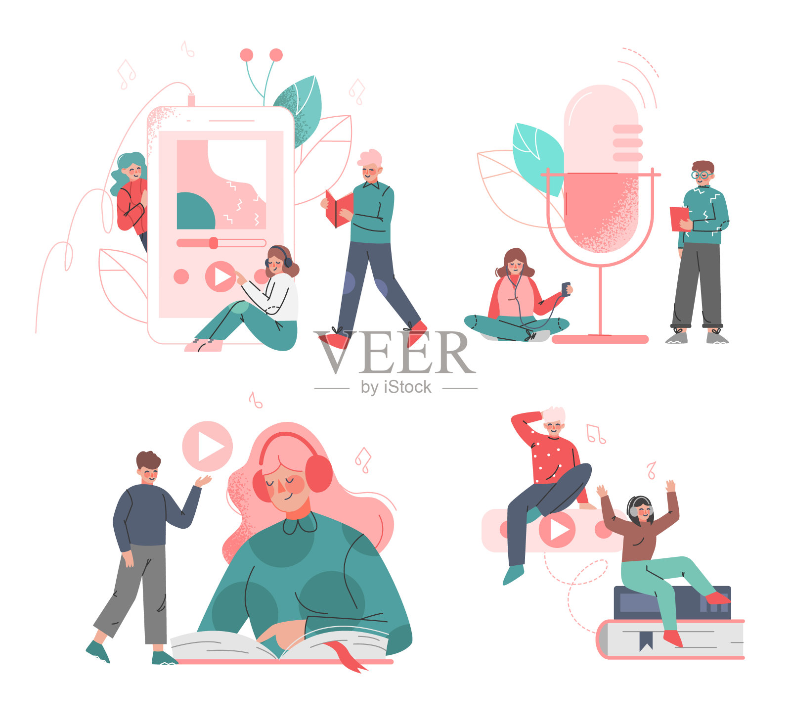 在耳机向量集收听播客的人物插画图片素材