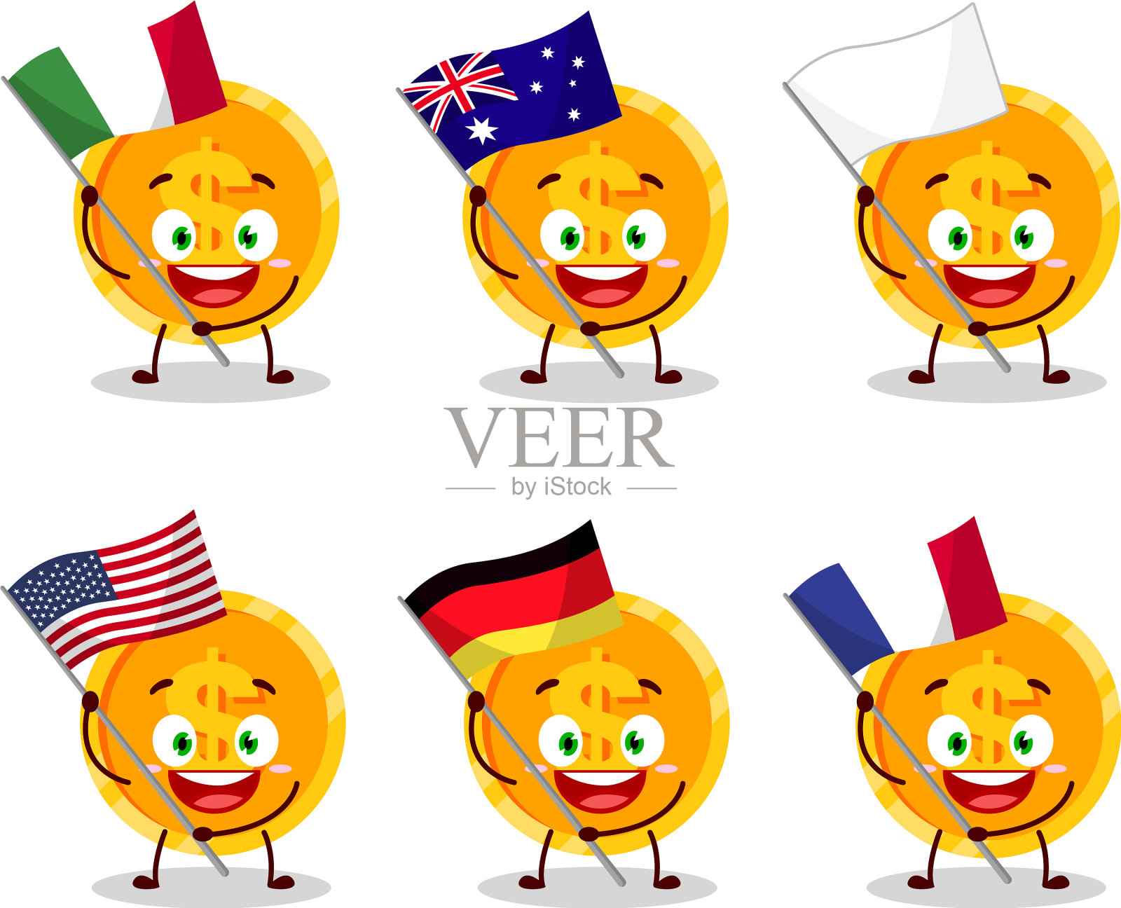 硬币卡通人物带来各种旗帜插画图片素材