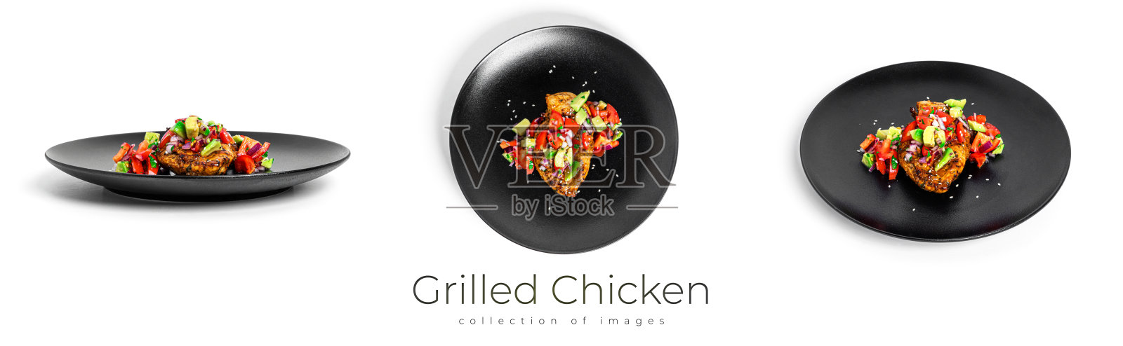 烤鸡配牛油果莎莎沙拉孤立在白色背景。酮饮食照片摄影图片