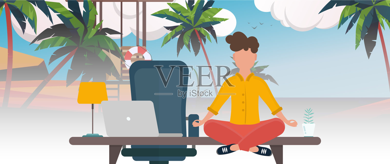 一个男人坐在办公桌旁，幻想着插画图片素材