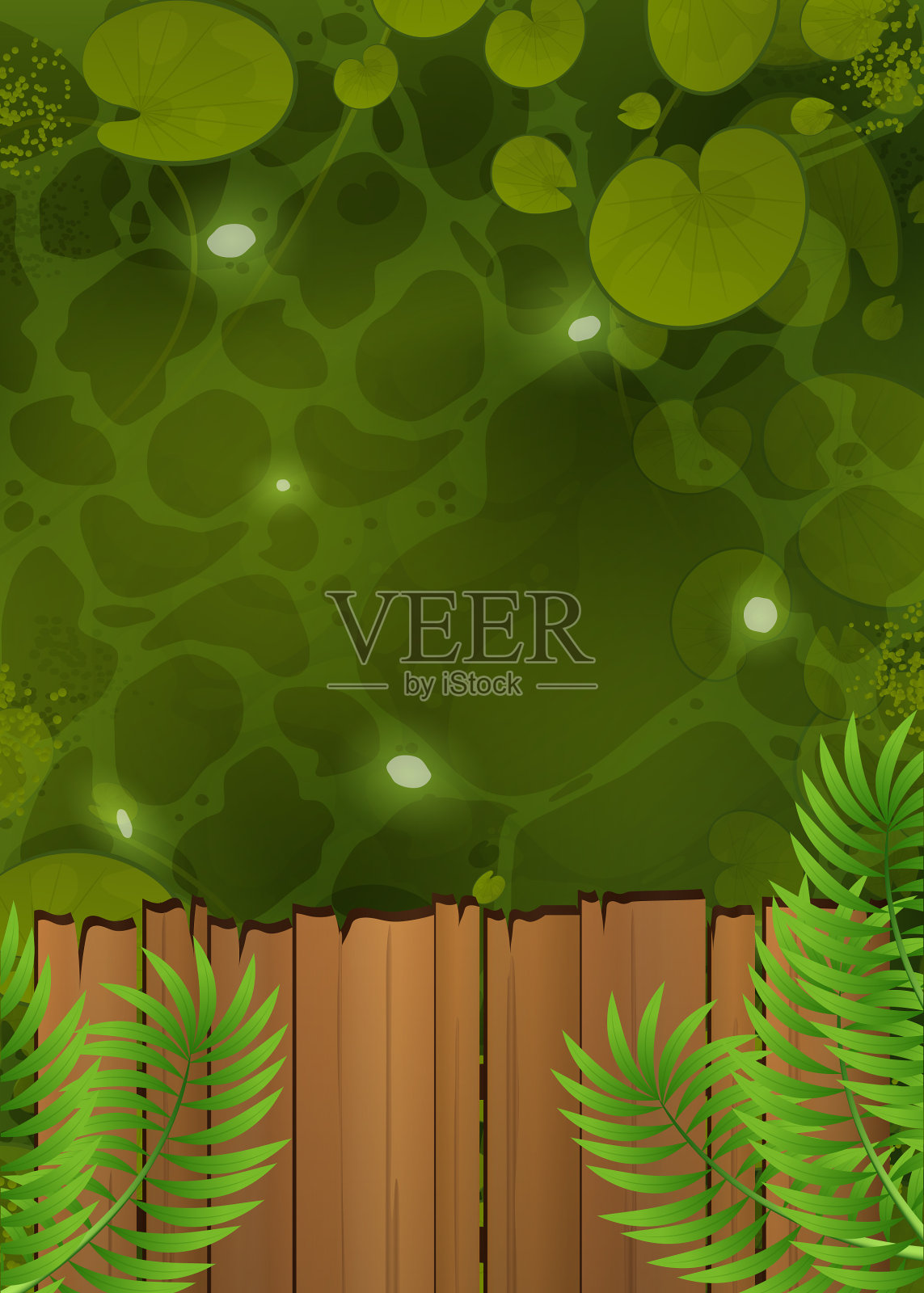 木栈桥和岸上碧波荡漾的海景插画图片素材