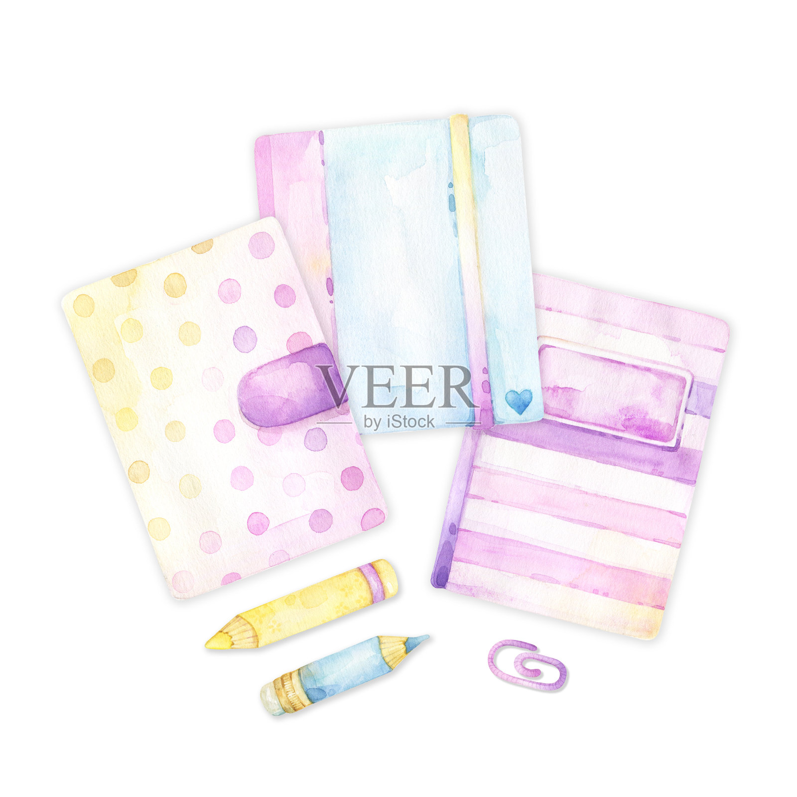 集女性，浪漫，粉红色和蓝色笔记本，记事本，平板，铅笔，手工，艺术，文具，贴纸，为计划，卡片，日记，水彩插图，生活方式，回学校插画图片素材