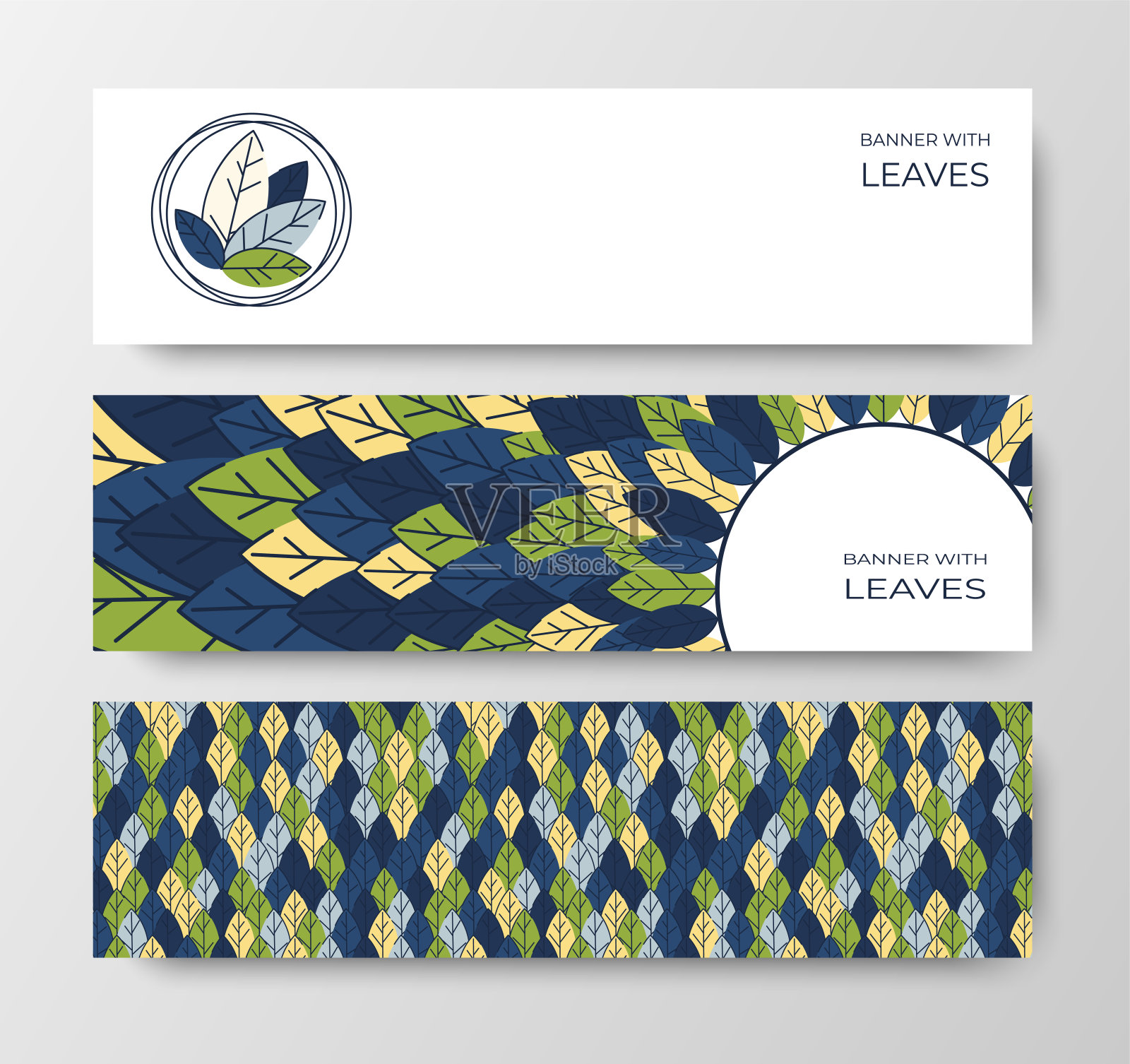 套横向横幅广告，邀请，互联网网站从彩色的叶子。夏季背景销售。几何平面设计。放置你的文本。向量插画图片素材