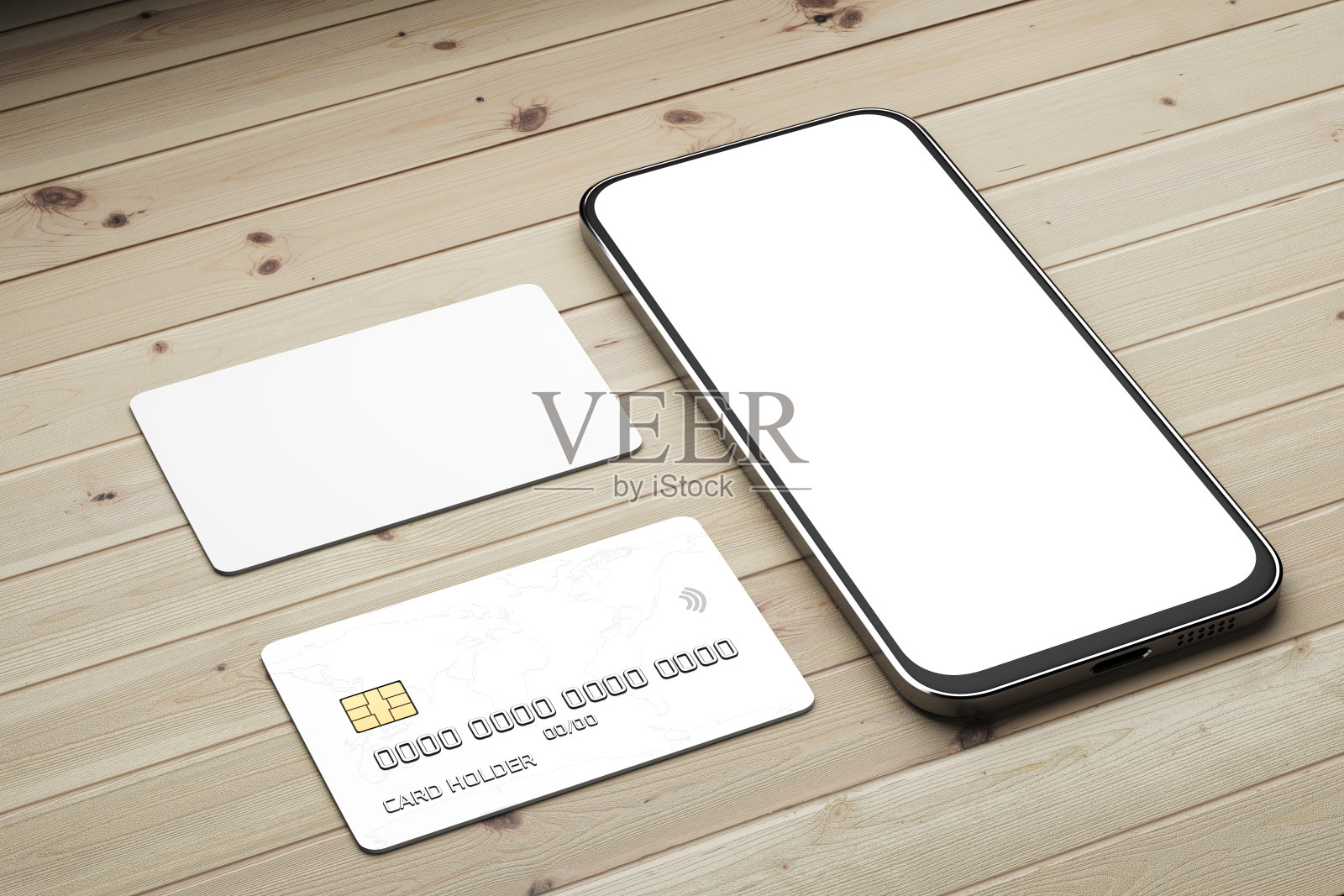木制背景上有银行卡的智能手机模型。银行卡模型，白屏智能手机。在线支付的概念。3 d渲染。照片摄影图片