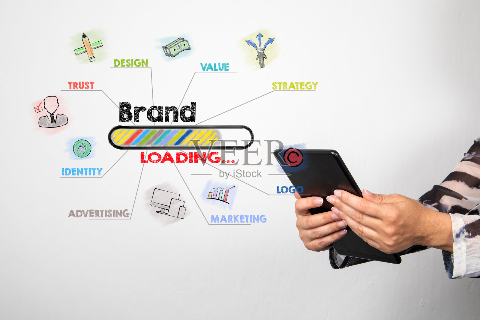 品牌加载概念。一个女人手里拿着一台平板电脑，背景是浅色的照片摄影图片