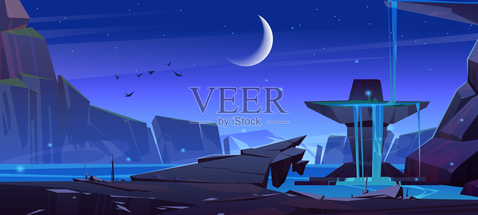 夜晚有瀑布的山景插画图片素材