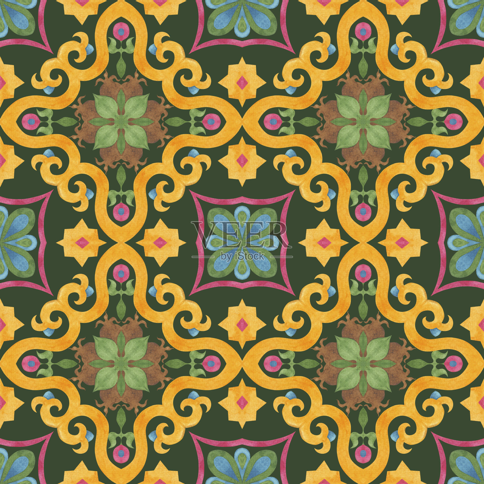 水彩图案瓷砖与交织的元素。插画图片素材