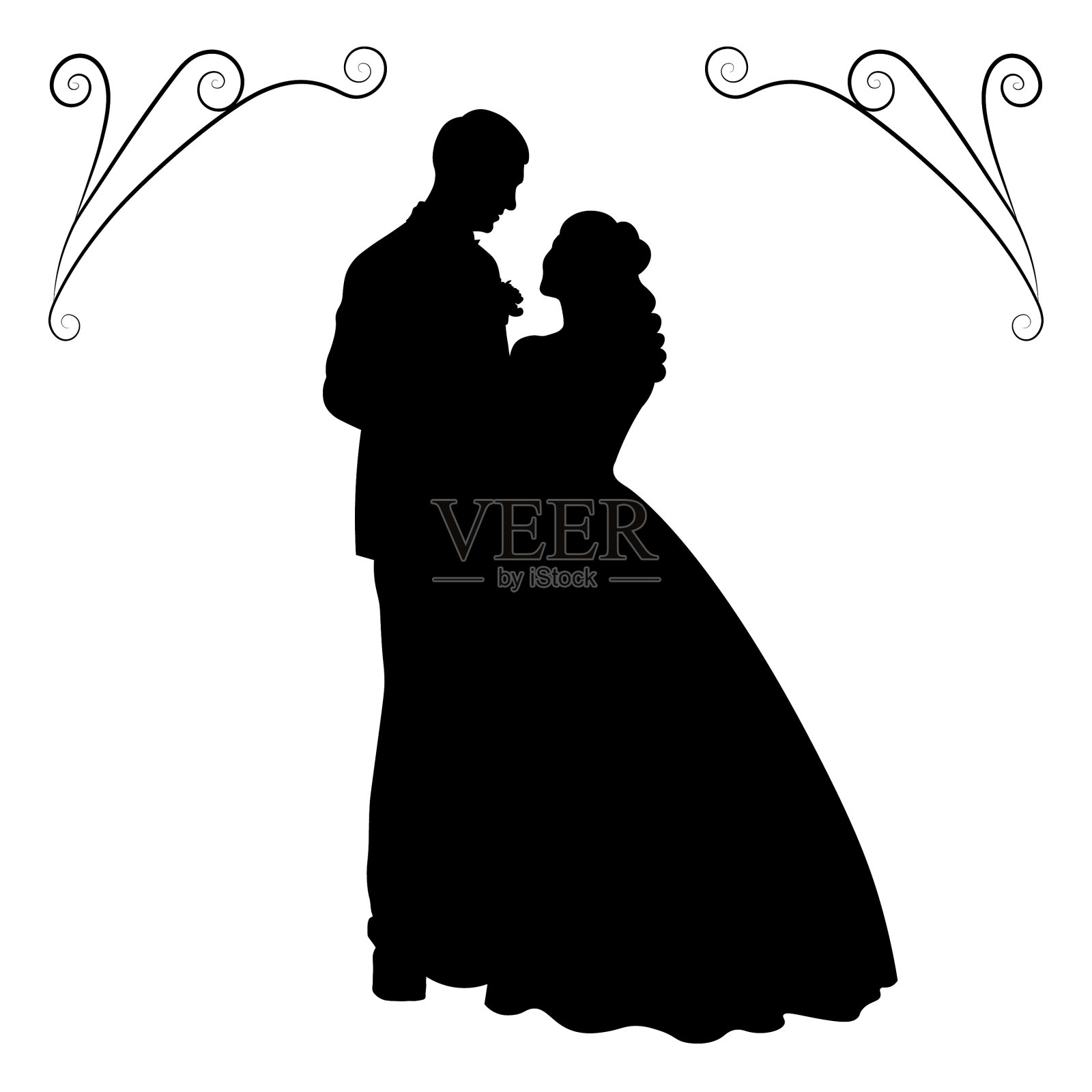 新娘和新郎肩并肩站着，黑白剪影插画图片素材